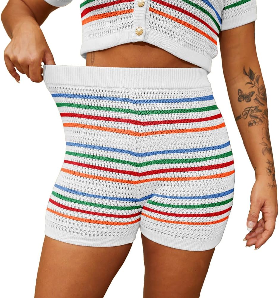 HBQ Womens 2 Piece Crochet Outfits Knit Button Down Shirts Hollow Out See Through Color Block Summer Vacation Short Sets-Block-L - Image 5