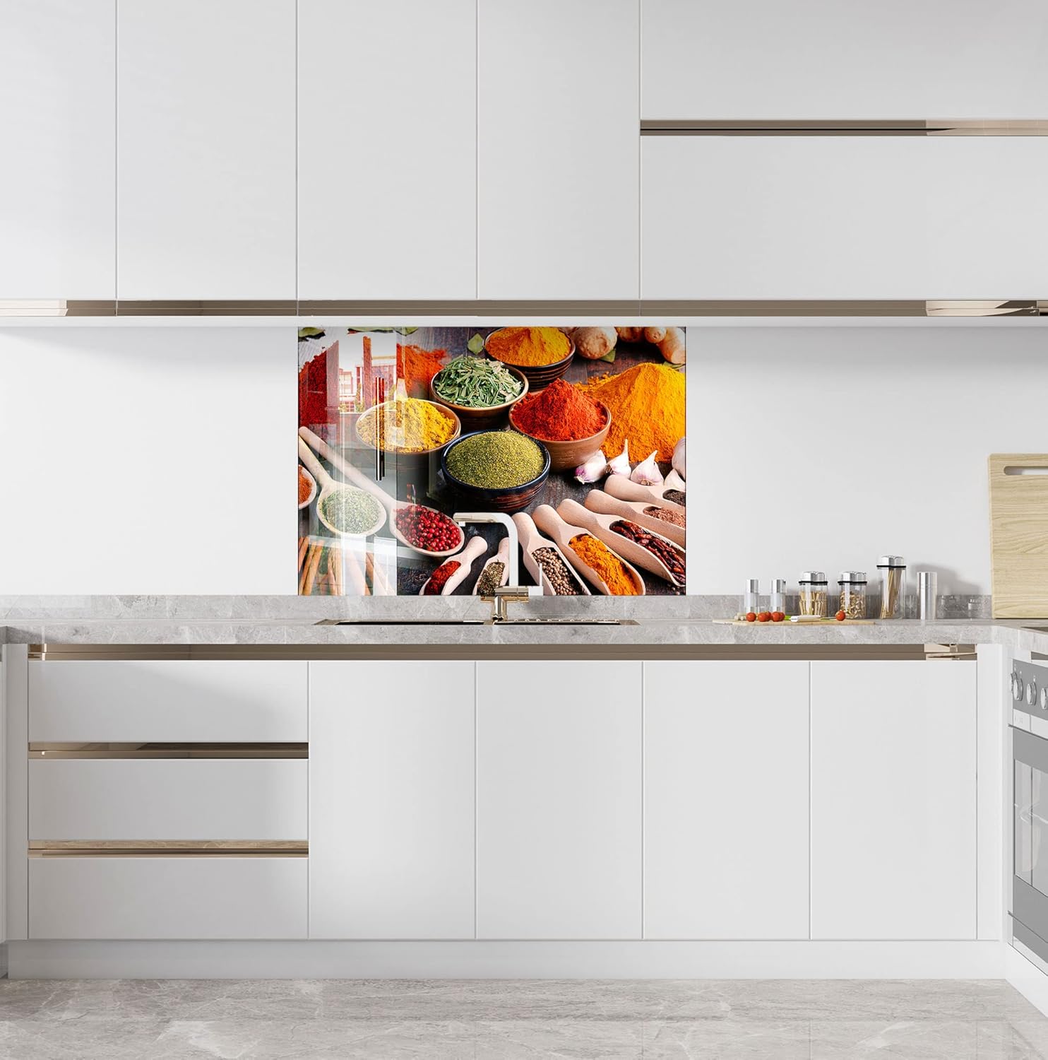 Myphotostation Tempered Glass Splashback 24x24'-Spoon Spices Backsplash Design Cooker Herbs Backsplash Panel Glass Splashback for Kitchen Panel Design Spoon Spice Splashback for Stove