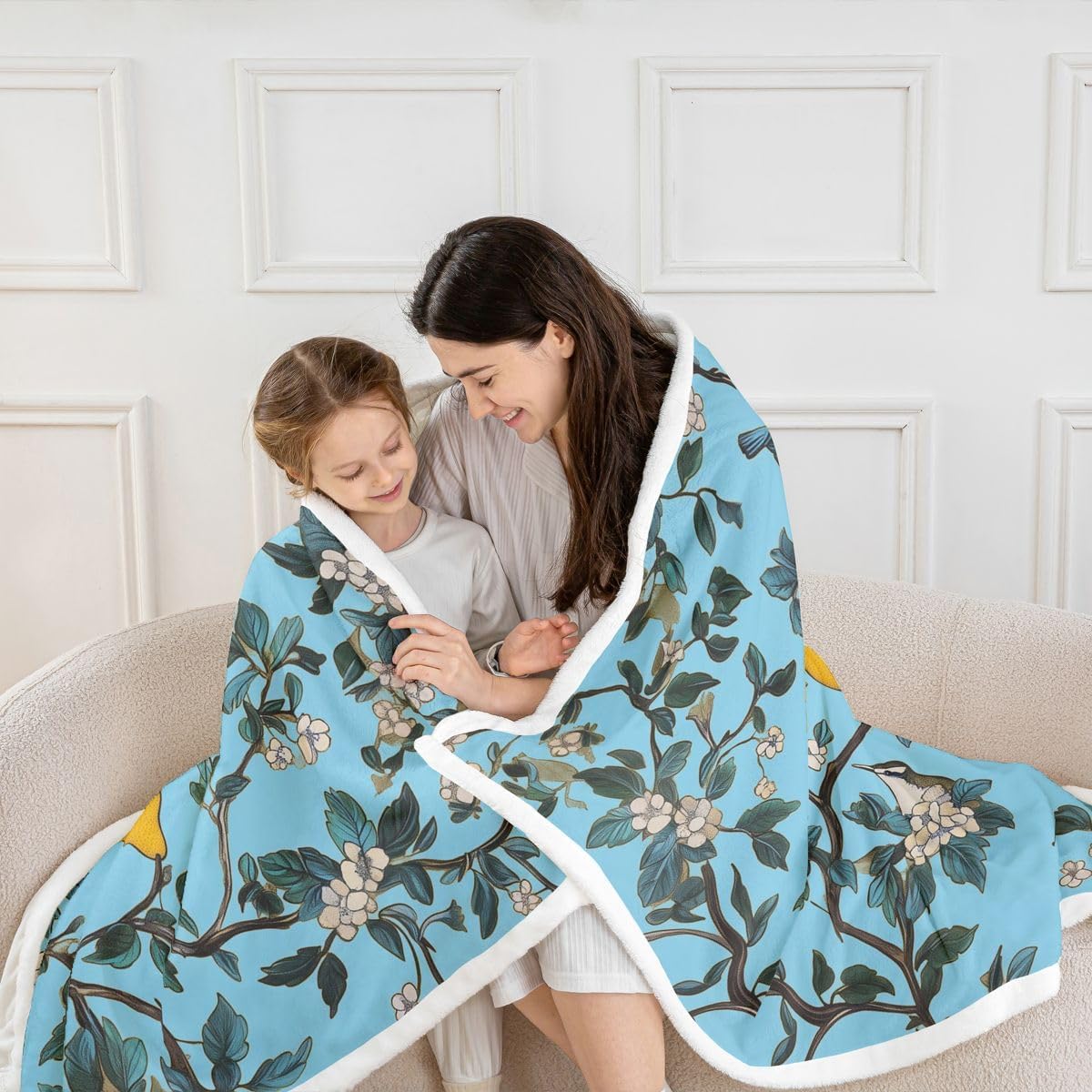 Feelyou Tree Branches Fleece Throw Blanket Botanical Sherpa Blanket for Kids Women Men Plush Fuzzy Nature Theme 40"x50" Pear for Bed Couch Chair Living Room Blue Bedroom Decor image 4