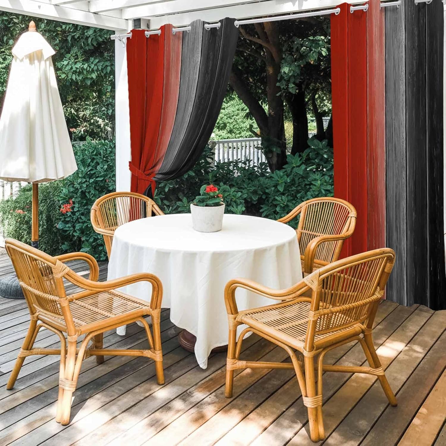 Outdoor Curtains for Patio Waterproof Weatherproof Red Black Ombre Porch Curtains for Outside Sun Blocking Vintage Farmhouse Wooden Grommet Privacy Drapes for Pergola Gazebo Cabana, 1 Panel,54"Wx84"L