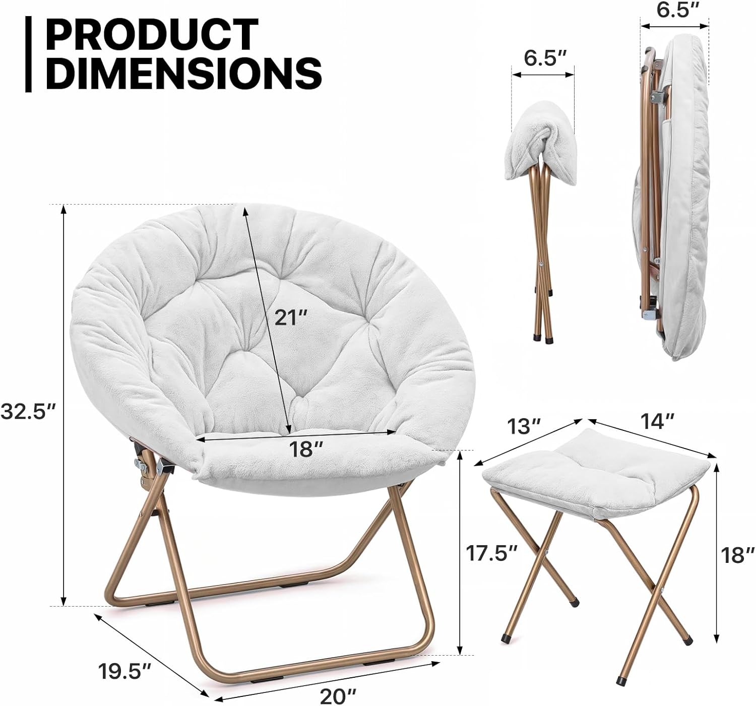 MoNiBloom Round Folding Faux Fur Saucer Chair for Bedroom Living Room Dorm Foldable Metal Frame Oversized Large Comfy Furry Padded Soft Cozy Moon Chair with Footrest Ottoman for Adults (White, 2 Set)