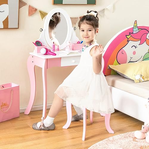 Miniatura 9 de Costzon Juego de tocador para niños, tocador de maquillaje de princesa 2 en 1 con espejo giratorio de 360 de doble cara, secador de pelo y