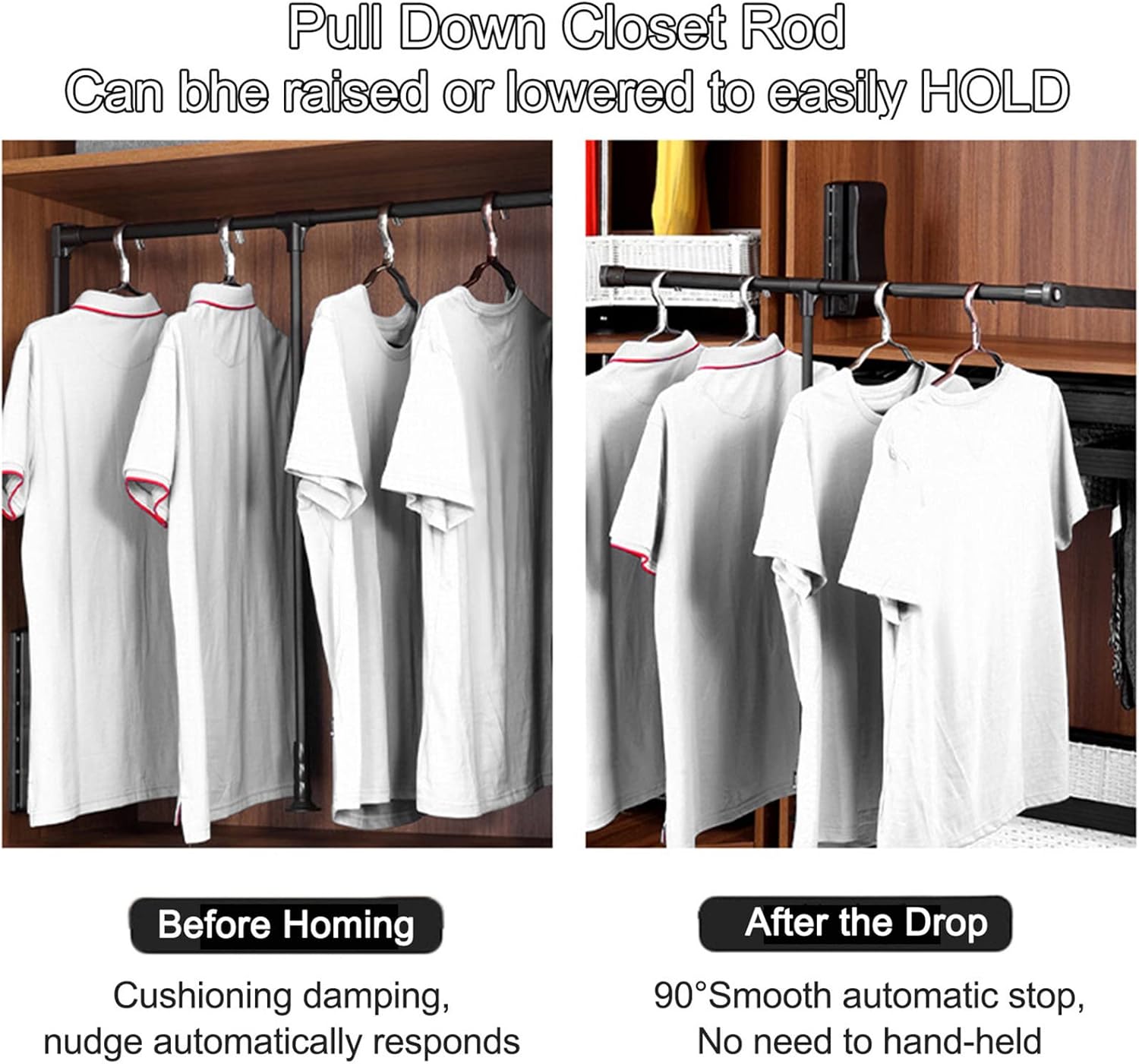 Pull Down Wardrobe Rail, Adjustable 450-1150mm, Soft Close, Extendable Cloth Hanger, Space Saving Storage System