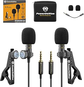 Professional Grade 2 Lavalier Clip-On Microphones Set for Dual Interview - Double Lav Lapel Microphone - Use for iPhone Phone Camera - Blogging Video Recording Noise Cancelling 3.5mm Mic