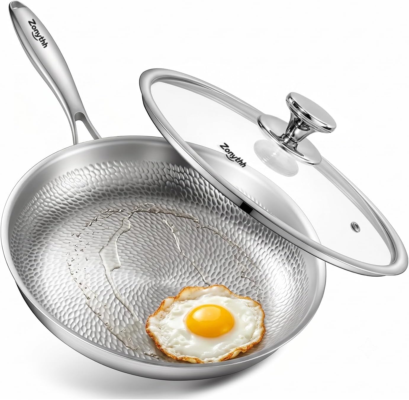 Titanium Pans for Cooking 12" with Lid Non-Toxic Hammered Skillet