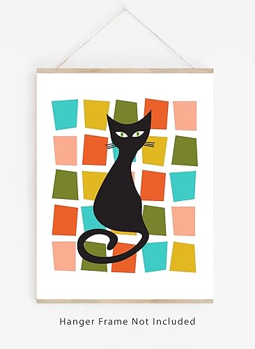 Miniatura 2 de Mid Century Modern Atomic Cat Wall Art Print - 11x14 Unframed Abstract Decor. Shades of Mustard Yellow, Black, Moss Green, Pink, Orange & Aqua on