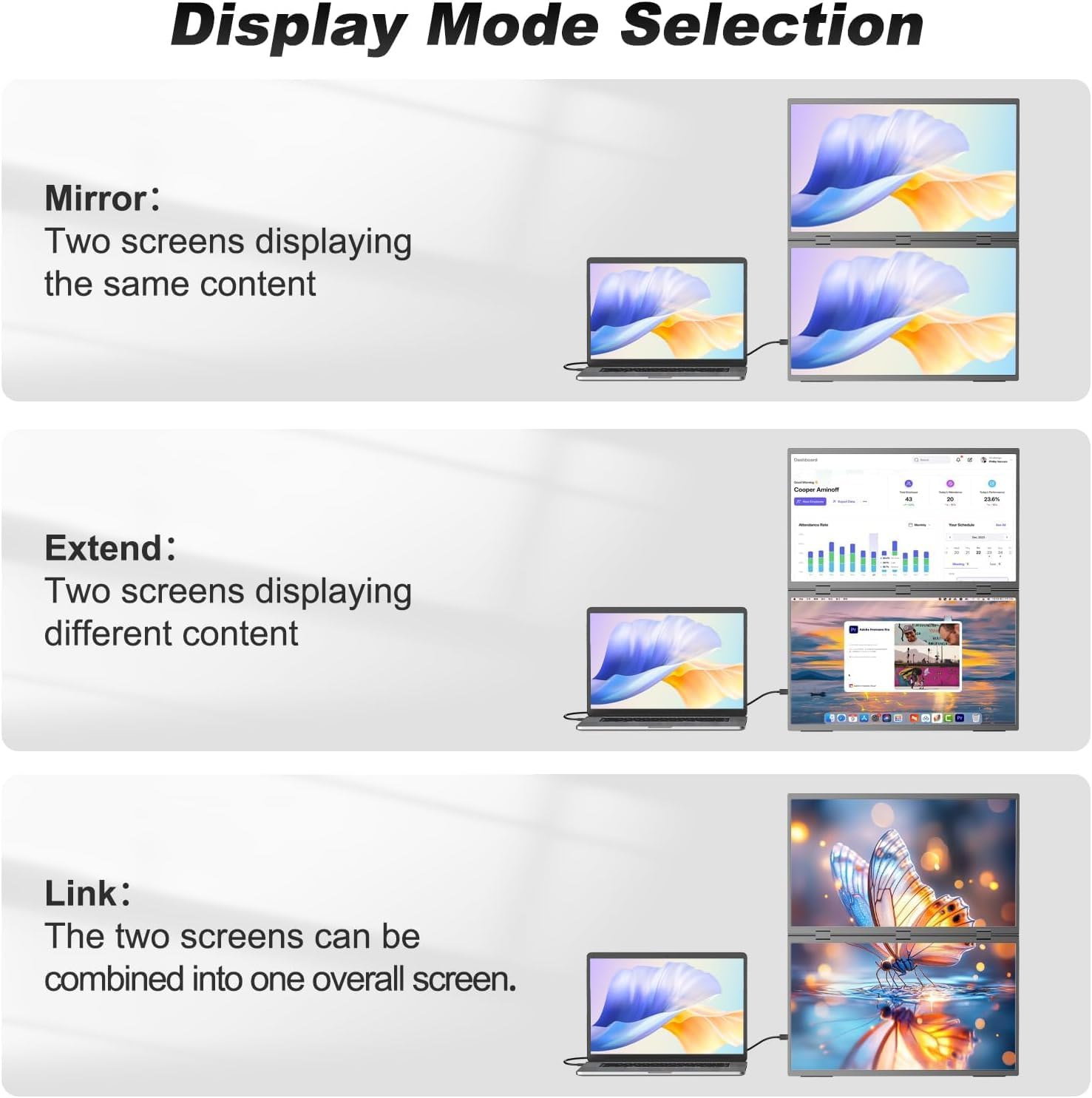 Illustrations of three display modes: Mirror, Extend, and Link. Mirror shows the same content on all screens. Extend shows different content on each screen. Link combines the two portable screens into one large display.