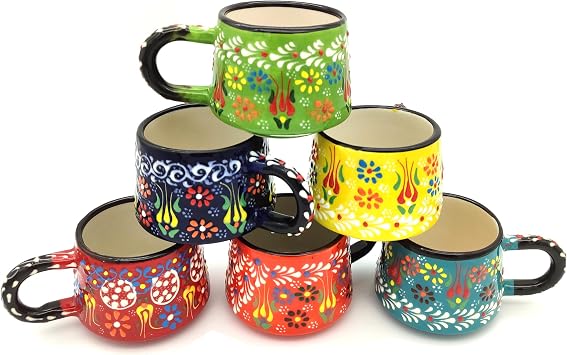 Coffee Mug Cups Ceramic Handmade 6 Oz Coffee Mug Set for Espresso Cups Set of 6, Multi Color Tile Coffee Mug Set for Tea, Cappuccino, Latte 180 Ml