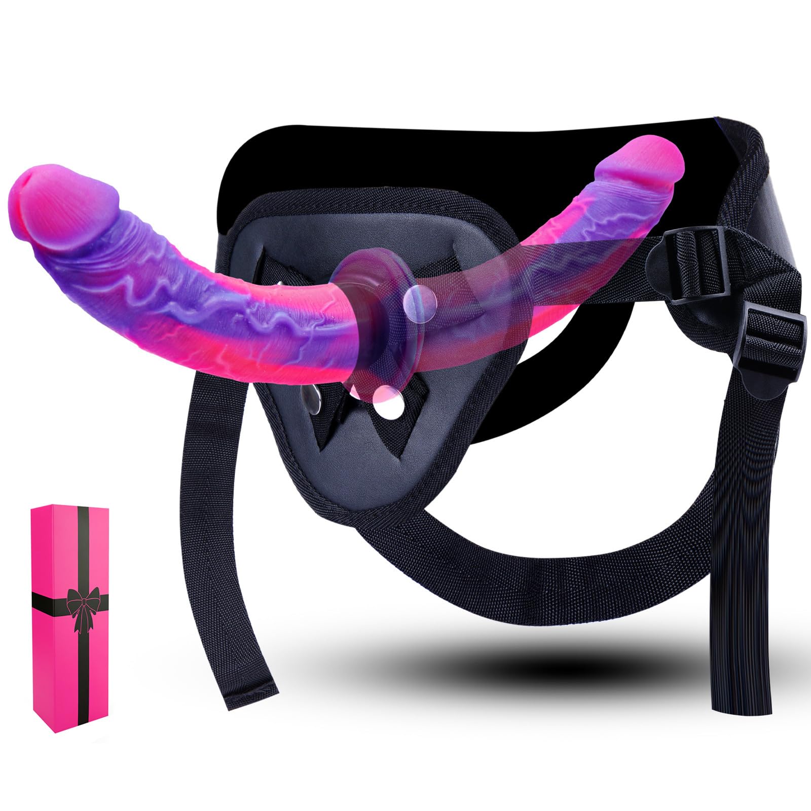 Strap-on Dildo Fantasia in Silicone, Ideale per Principianti, Cintura Regolabile con Dildo Doppi Reali da 18 cm * 2,Cintura Strap-on per Piacere Vaginale e Anale,Giocattolo Sessuale per Donne Lesbiche