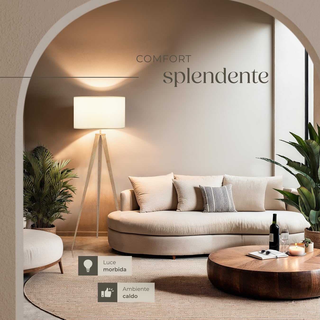 tectake® Lampada da Terra con Paralume in Tessuto Effetto Lino, Lampada con Treppiede Robusto in Acciaio, Luce Salotto con Interruttore a Pedale, Piantana Design Moderno - Rovere