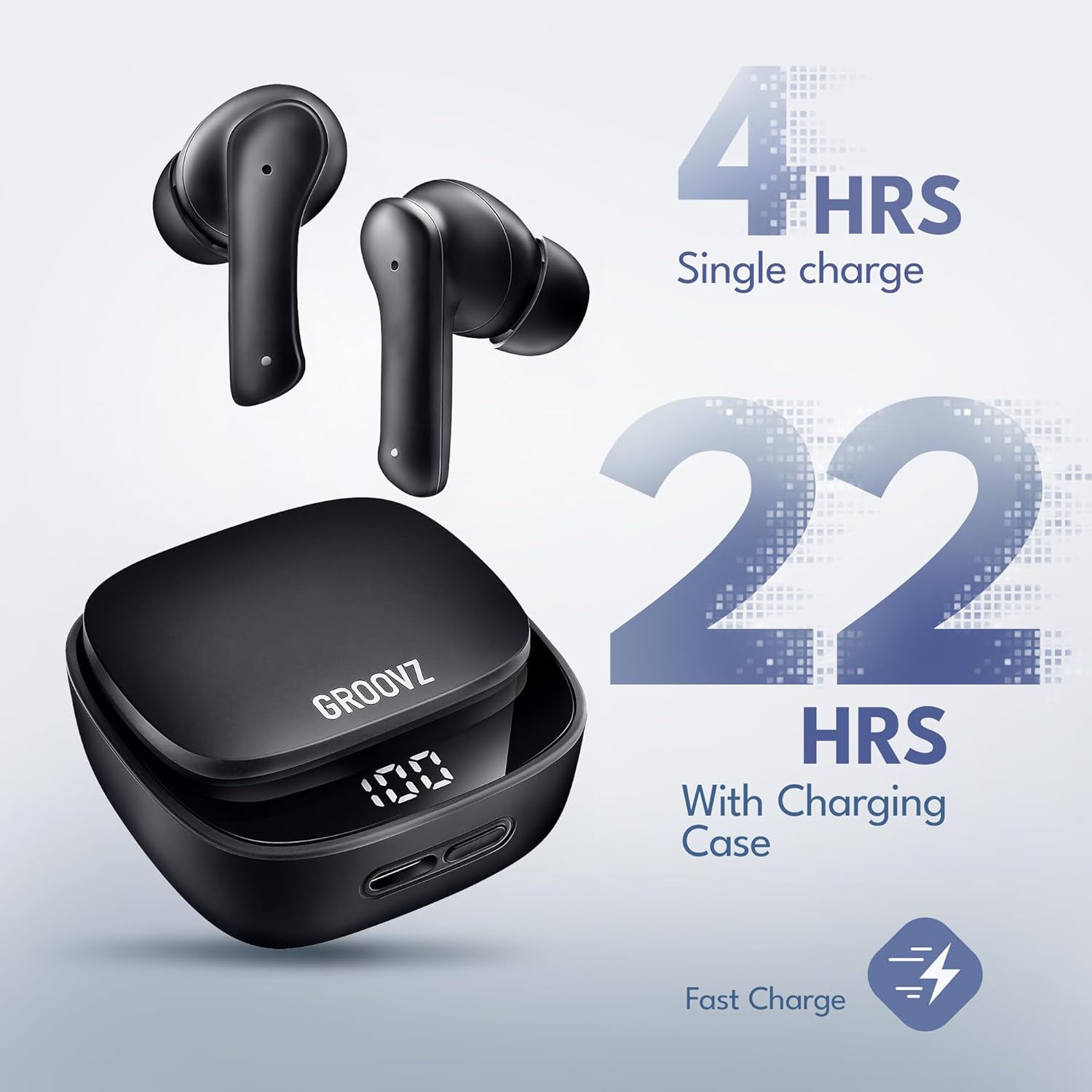 Battery life illustration for Groovz earbuds showing 4 hours single charge and 22 hours with charging case