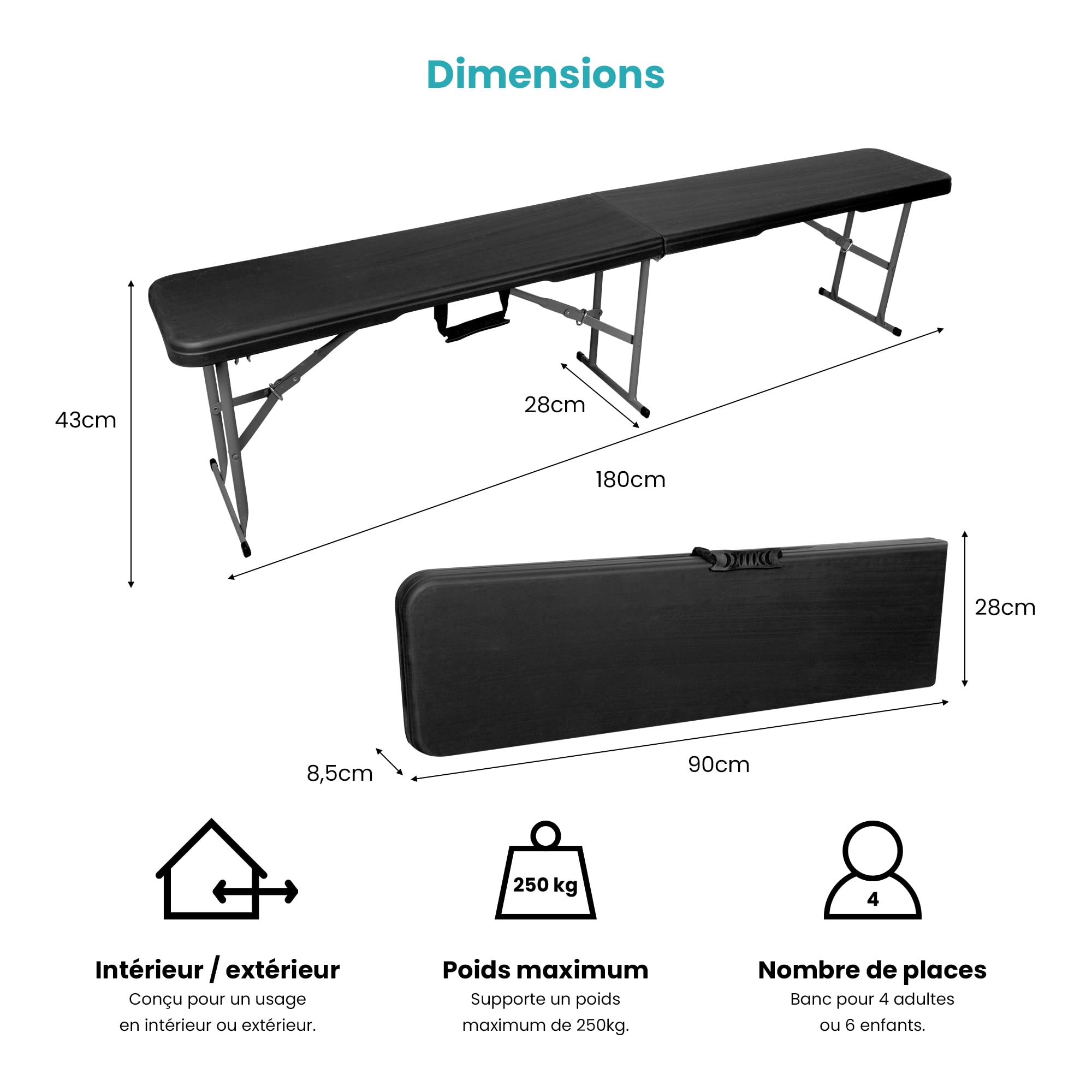 SKYLANTERN Set di 2 panche pieghevoli, 180 cm, set di due panche pieghevoli per tavolo da campeggio, x2 panchina pieghevole, ideale per battesimi, matrimoni, picnic, credenza e grigliata