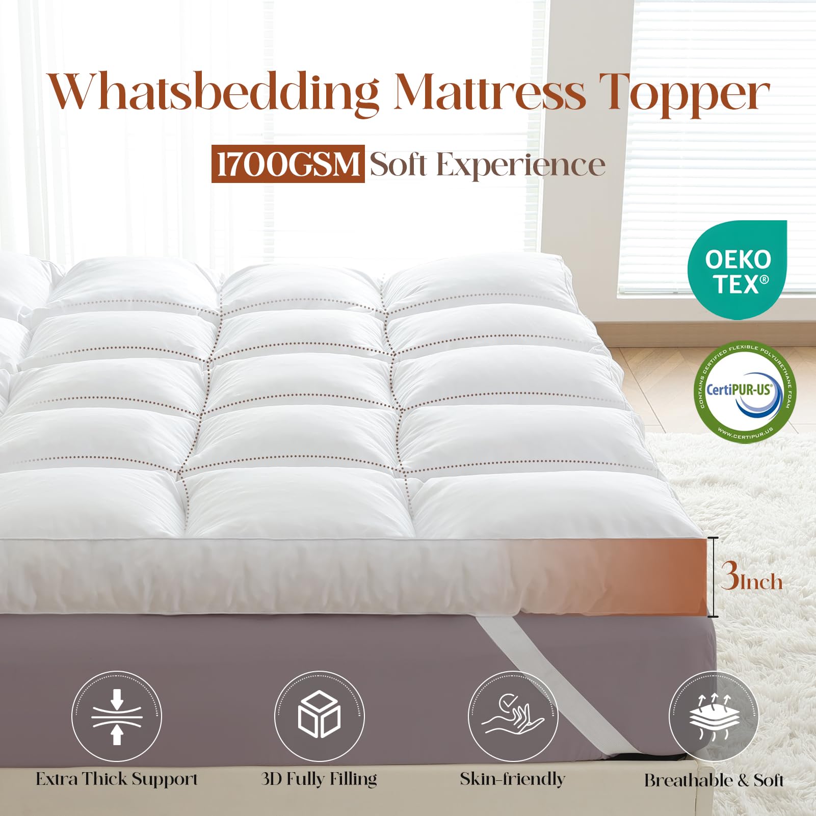 WhatsBedding Coprimaterasso matrimoniale in schiuma triturata da 7,6 cm, con copertura impermeabile, cuscino rinfrescante, morbido coprimaterasso con tasca profonda 20-53 cm, 99 x 190,5 cm, bianco