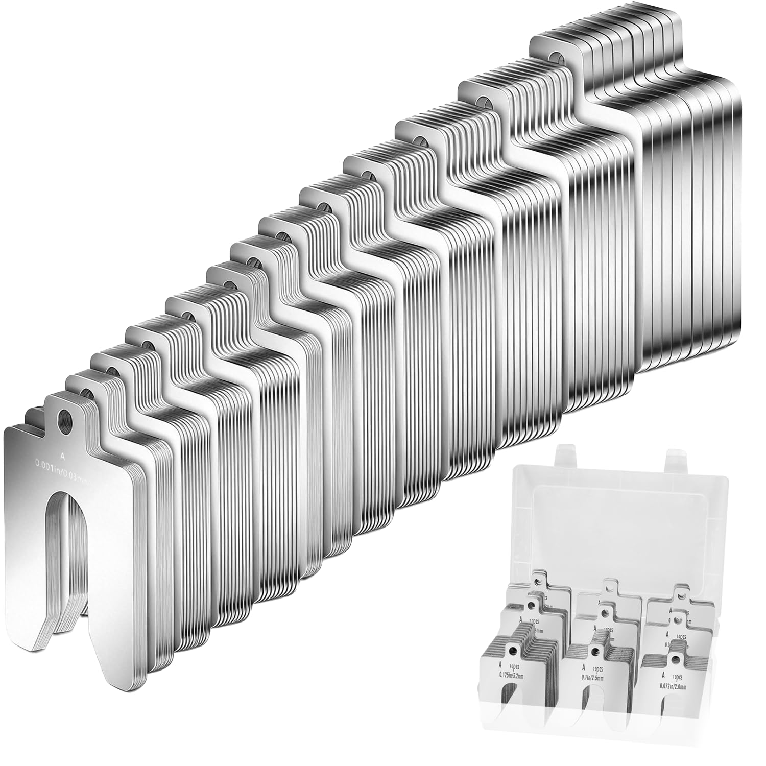 130 Pcs Size A 2" x 2" Stainless Steel Slotted Shims Kit，Stainless Steel Slotted Shim Shop Kit with 13 Thicknesses, Metal Shims Kit for Precise Leveling and Calibration of Machine Tools