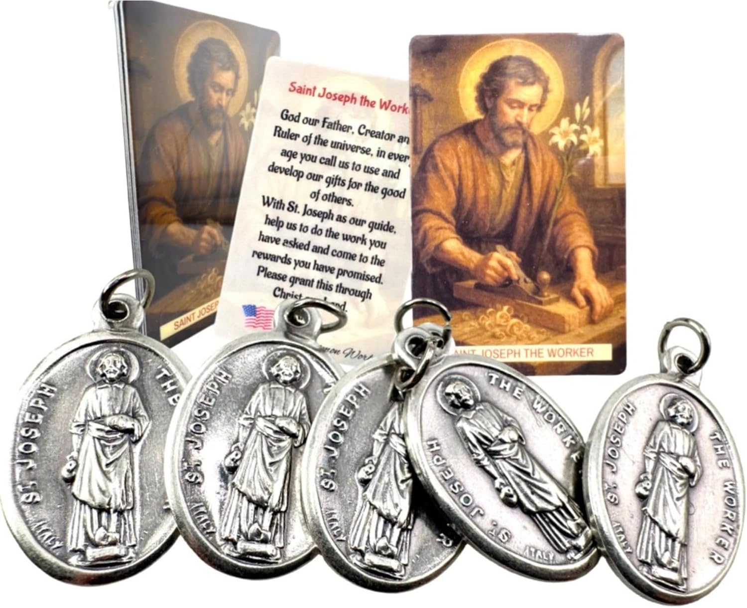 Westmon Works St Joseph the Worker Medal & Holy Card Set – Italian Metal Catholic Medals with Laminated Prayer Cards – 5 Pack – Imported from Italy, Cards Made in USA