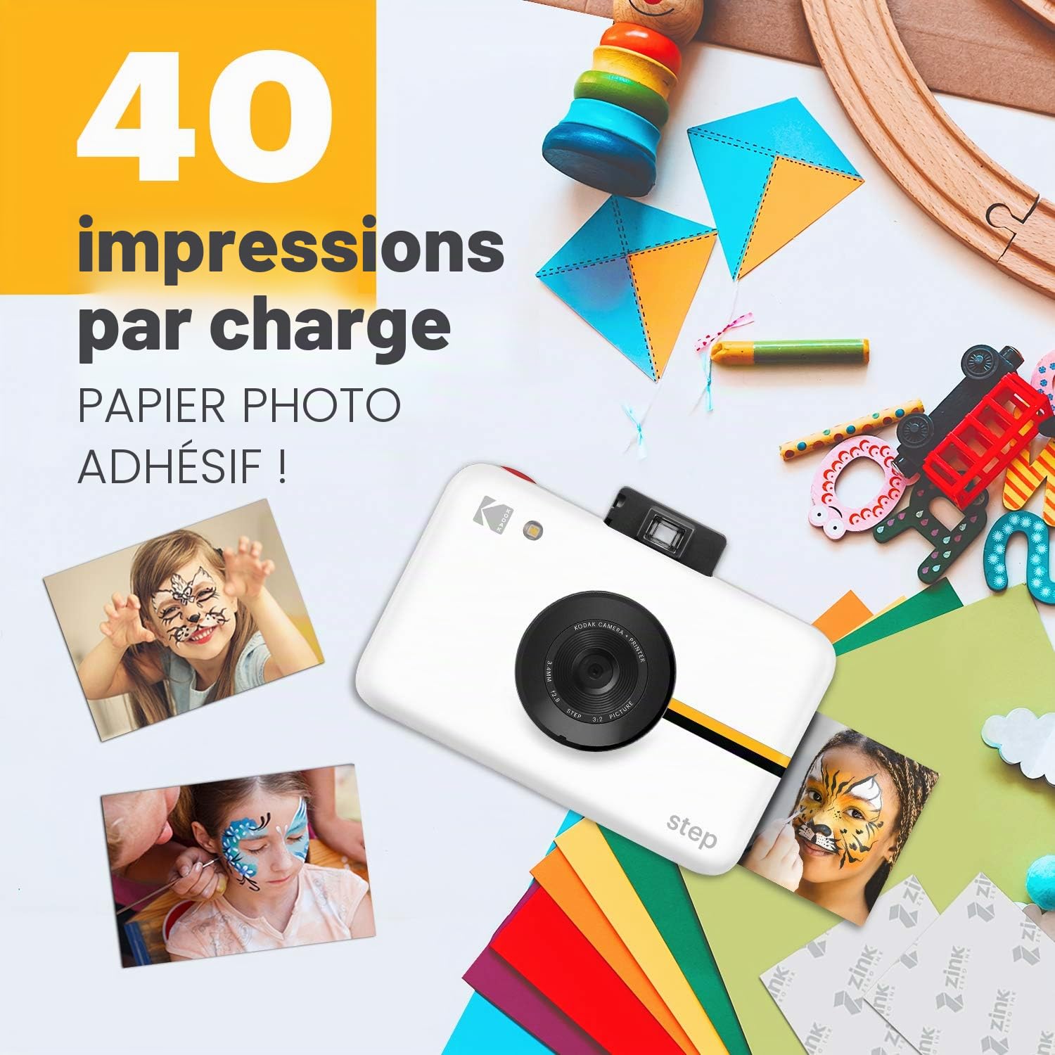 KODAK Step Appareil photo Appareil numérique instantané avec capteur d'images 10MP, ZINK Zero Ink - Blanc