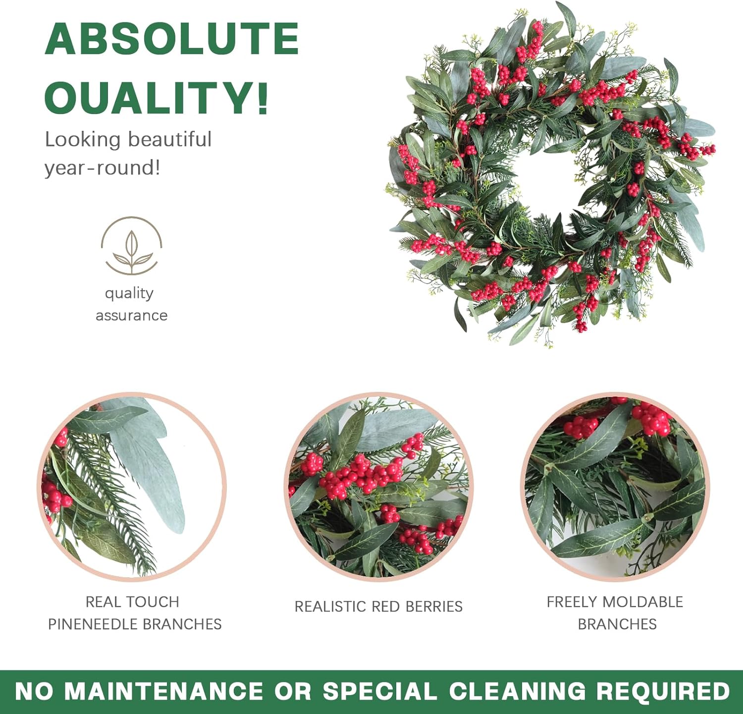 TEMPUS 22 Inch Rustic Winter Wreath with Curly Willow Branches, Pine Needles & Red Berries – Handmade Rattan Base for Front Door Decor, Farmhouse Wall Hanging, Indoor Holiday Greenery