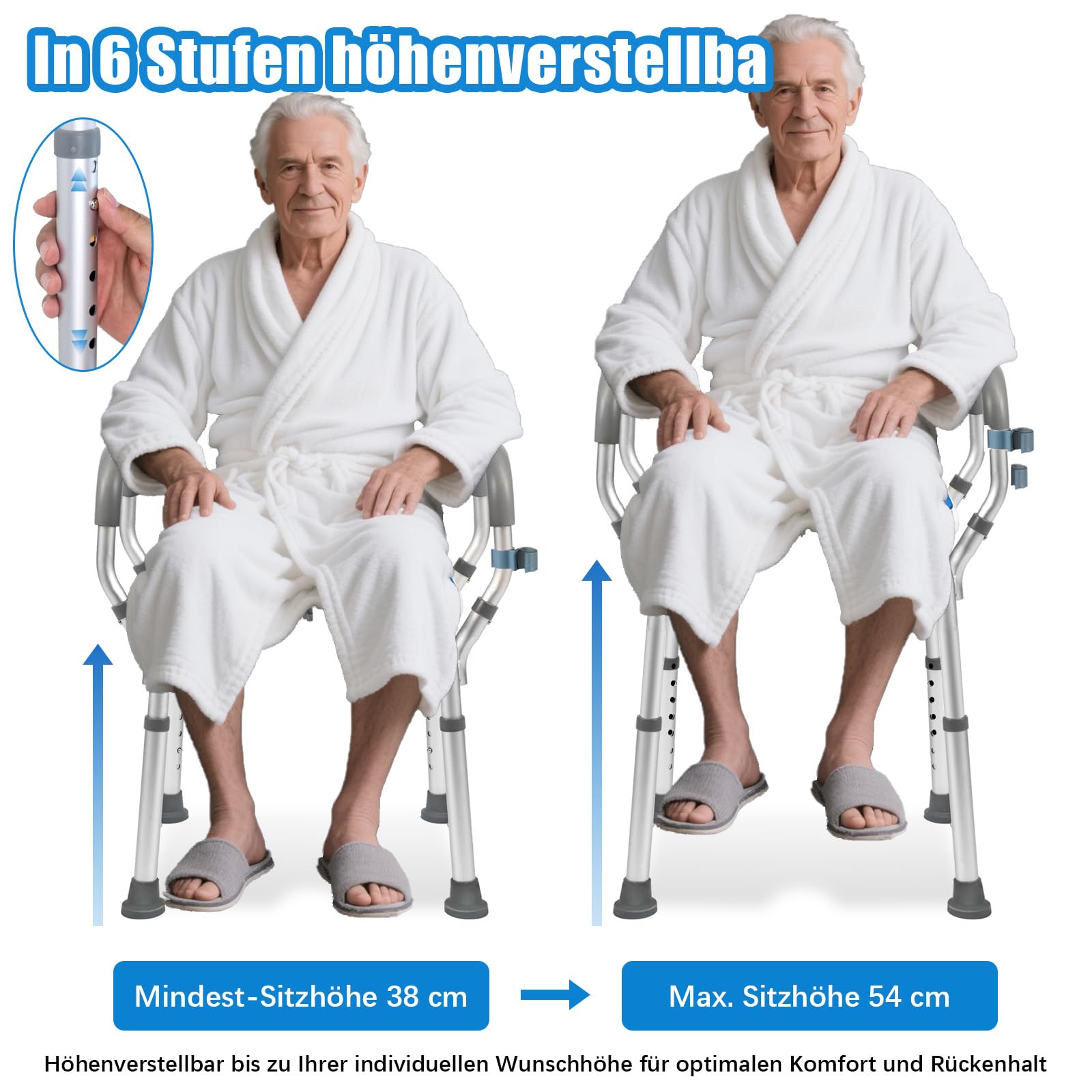 Duschhocker für Senioren, 6-stufig höhenverstellbarer Badewannenhocker mit Armlehnen & U-Sitz, Rutschfester Aluminium Duschstuhl mit Eva-Polster, 38-67cm, 150kg Tragkraft für barrierefreies Baden