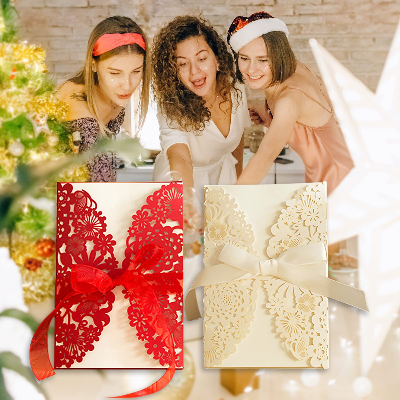 Biglietti d'invito per matrimonio con taglio floreale cavo e buste vuote all'interno, fiocco incluso, confezione da 10 o 25, 12,7 x 18,5 cm piegati, oro o rosso (25 uds.)