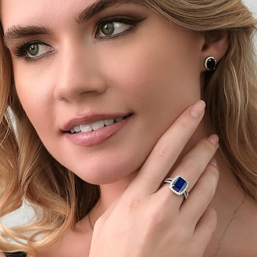 Miniatura 4 de Gem Stone King Anillo de compromiso de plata de ley 925 con zafiro simulado azul para mujer (4.62 unidades, corte esmeralda de 0.394 x 0.315in,