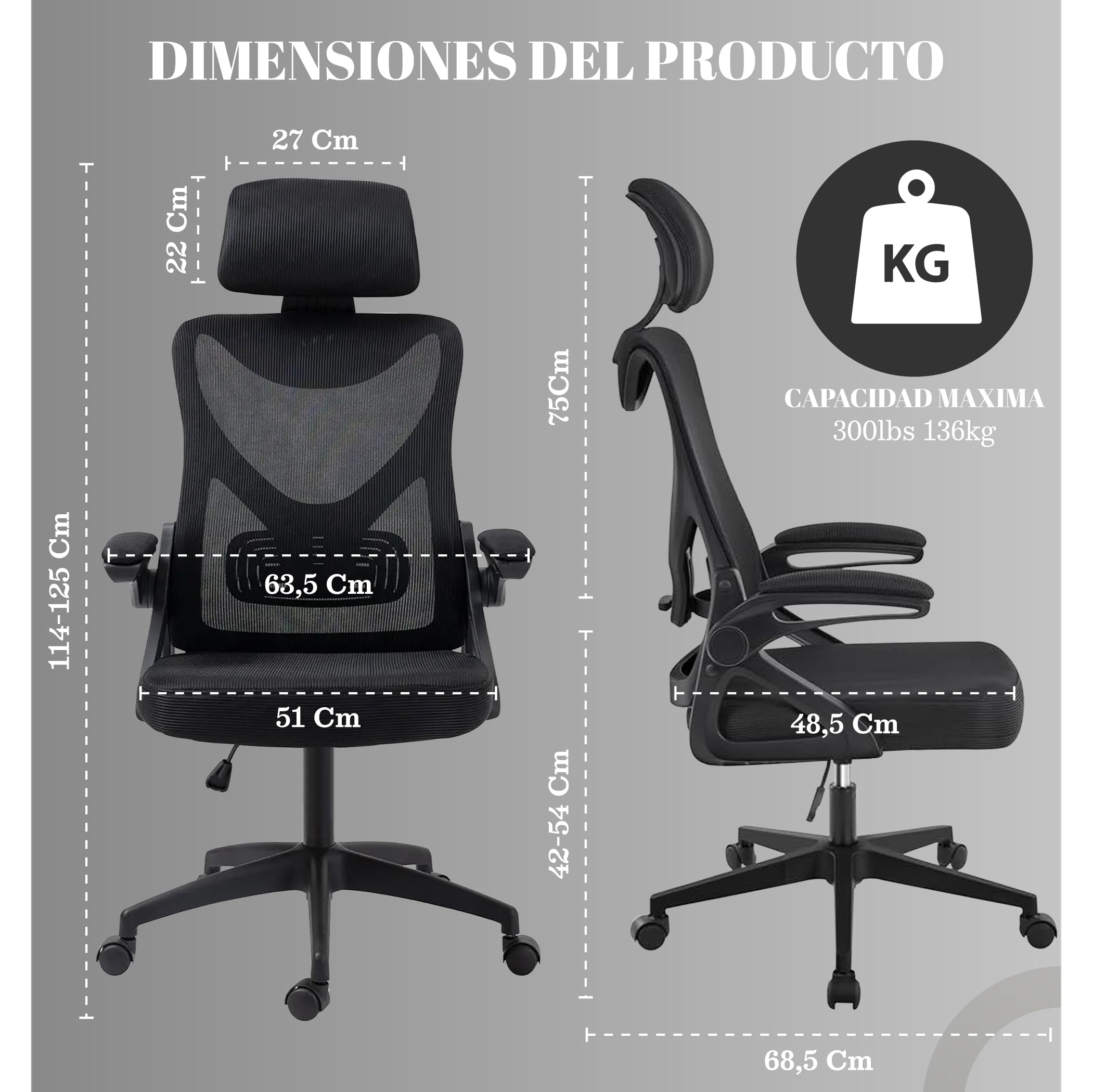 EveryKip® Silla Escritorio Ergonomica Ajustable con Reposabrazos Negro| Ruedas Anti-Arañazos | Sillas Oficina Ejecutiva con Reposacabezas | Cadeira Ergonómica Office Chair (Negro) — view 2