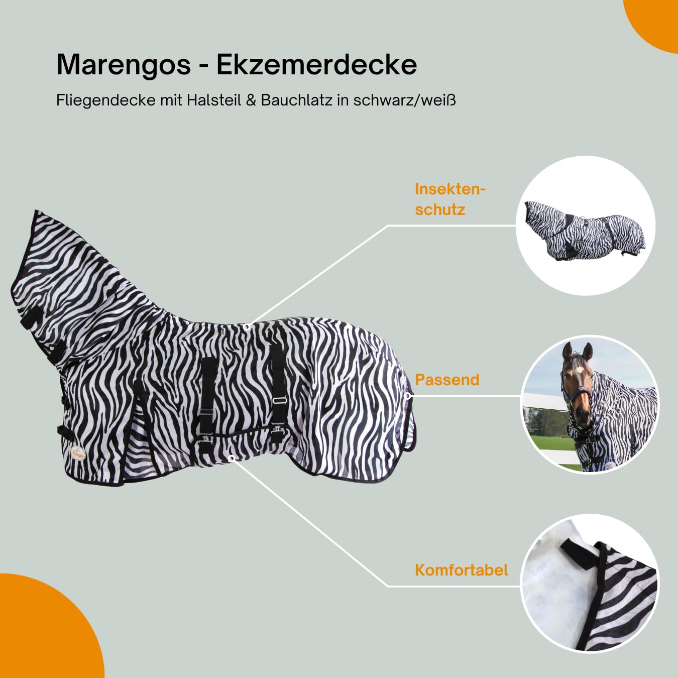 Marengos - reißfeste Zebra Fliegendecke mit Halsteil & Bauchlatz – robuste & atmungsaktive Ekzemerdecke – Schutz vor Insekten – Outdoor-Pferdedecke – 125cm | Decke für Pferde mit Halsteil & Bauchlatz – robuste, atmungsaktive Ekzemerdecke – Schutz vor Inse