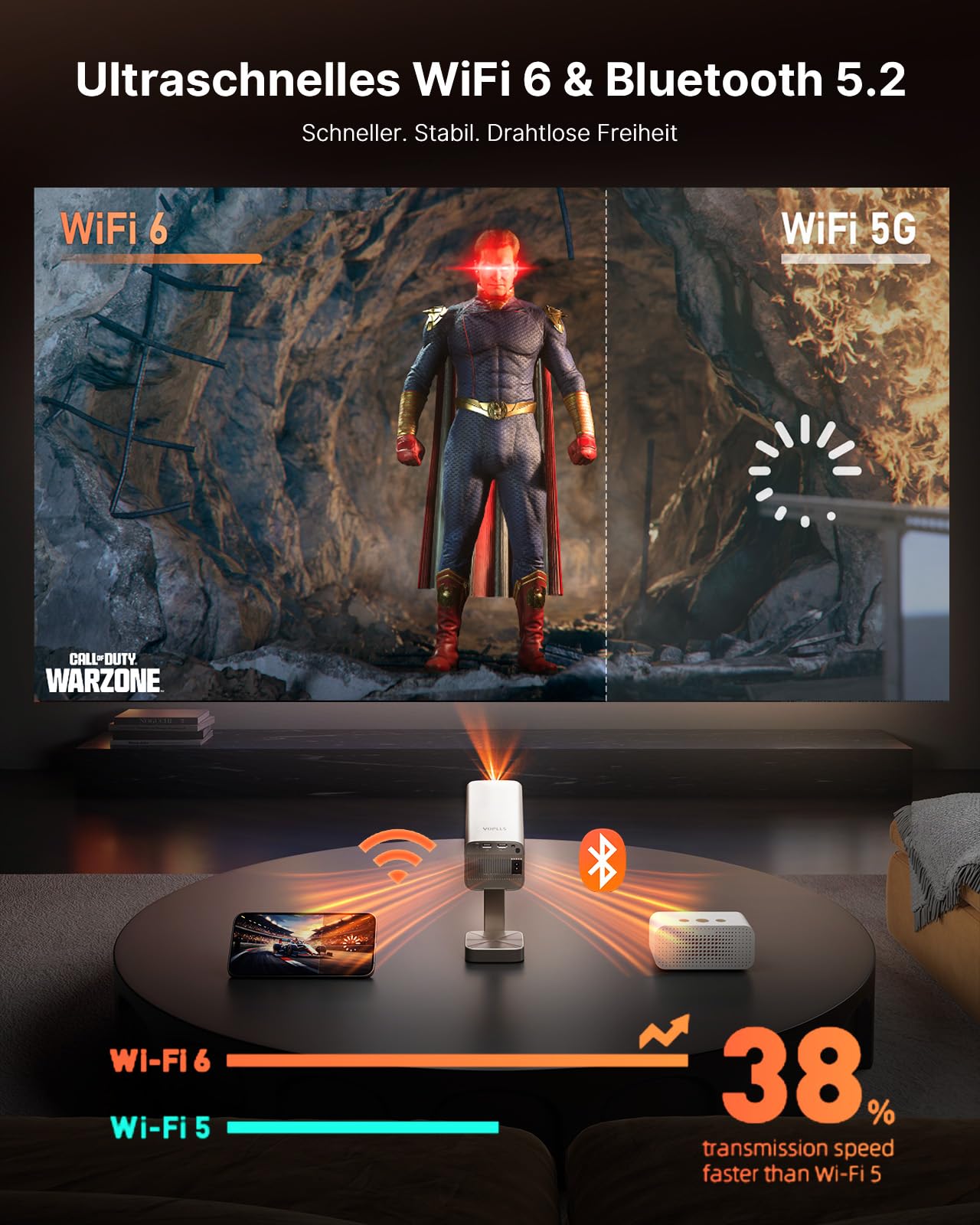 Smart Mini Beamer 4k Heimkino[Integrierte Netflix-App & 30000 Lumen] VOPLLS Verbesserte Version TOF Autofokus/Trapezkorrektur Projektor, WiFi6 Bluetooth FHD 1080P Beamer Outdoor für Handy/PC