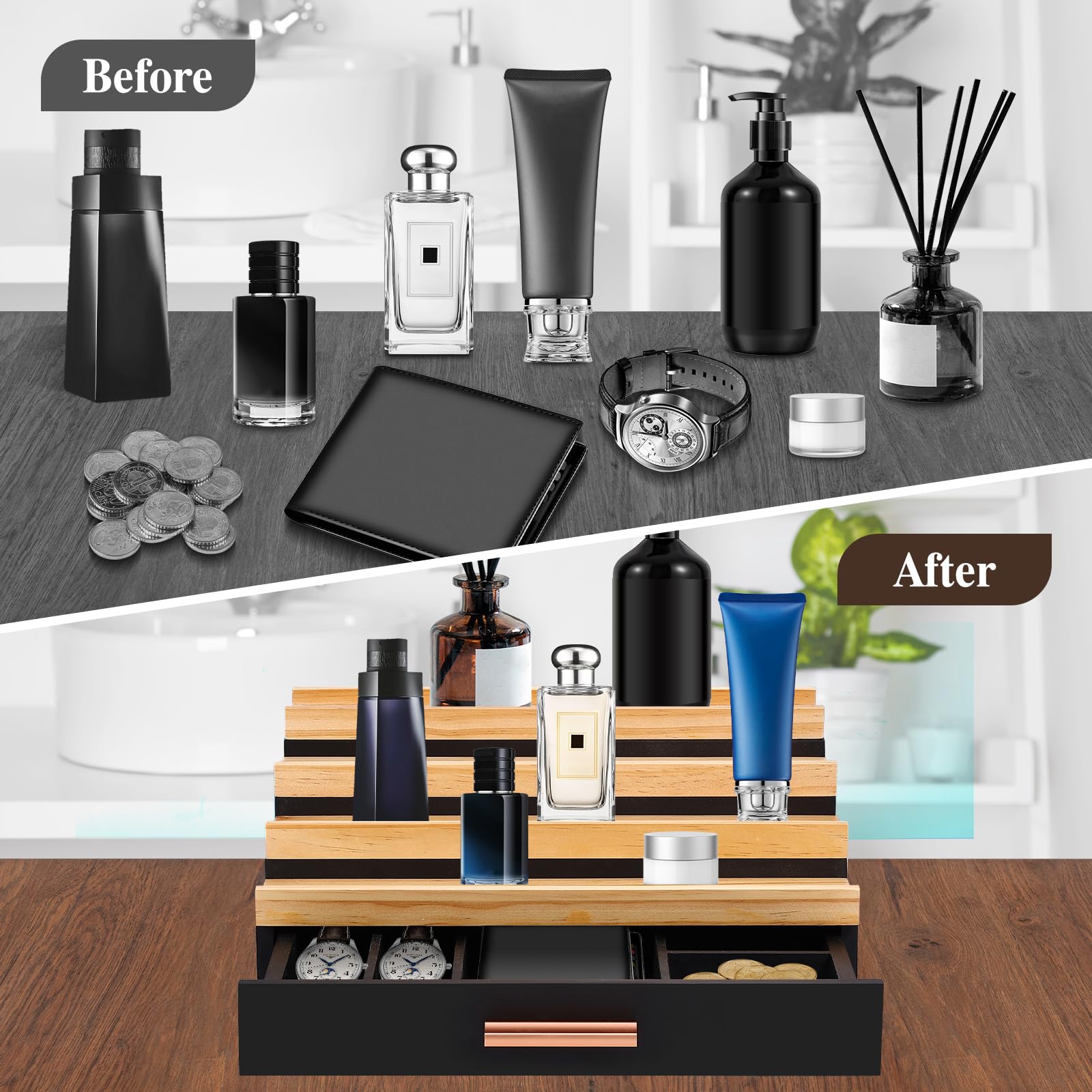 Organizer Profumi Uomo Upcessory - 5 Ripiani In Legno Con Cassetto, Nero