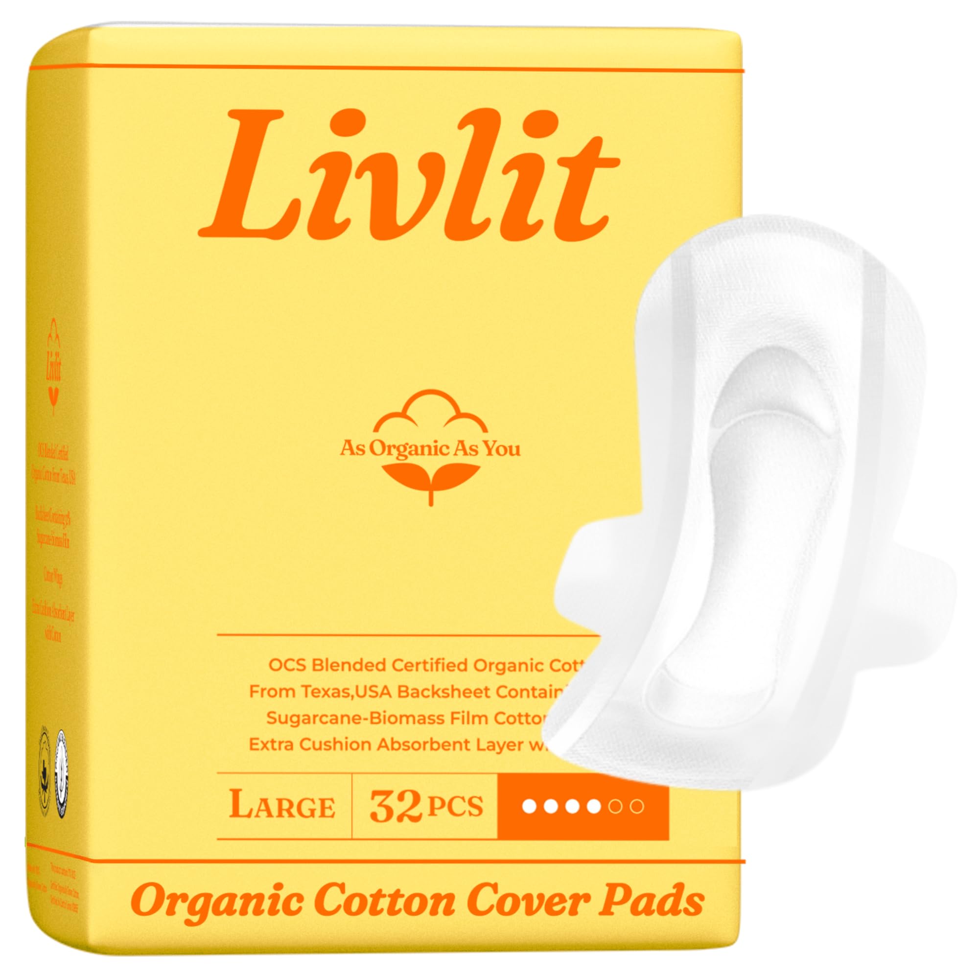 Livlit Large Size Ultra Thin Sanitary Pads, 100% Organic Cotton from Texas, Powerful Leak Protection, Unscented, Chlorine Free and Absorbency of Feminine Periods, Pads for Women (32 Count)