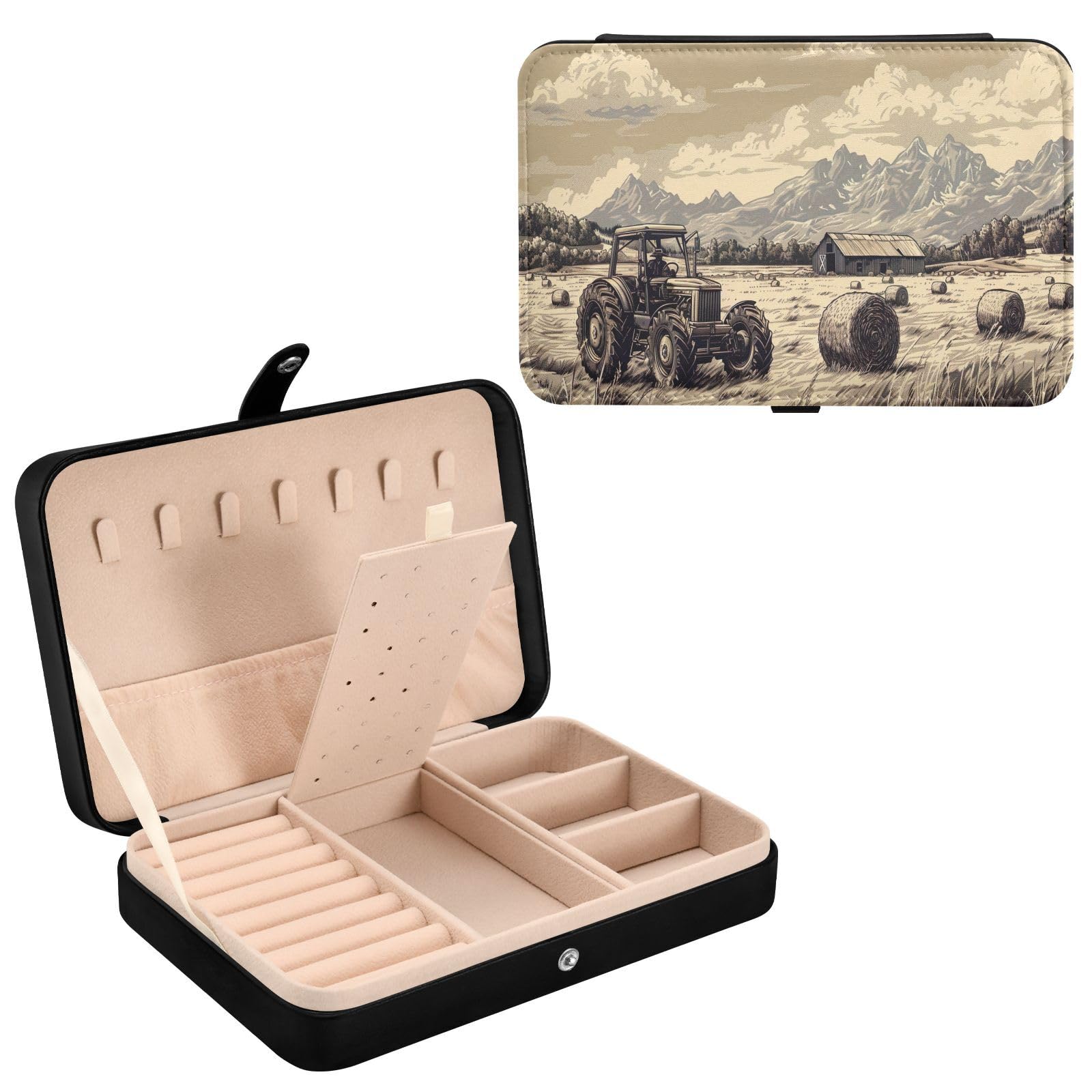 Haskirky Farmer Driving A Tractor Jewelry Box Portable PU Leather Travel Jewelry Organize for Women Jewelry Storage Display Holder for Ring, Necklace, Earring