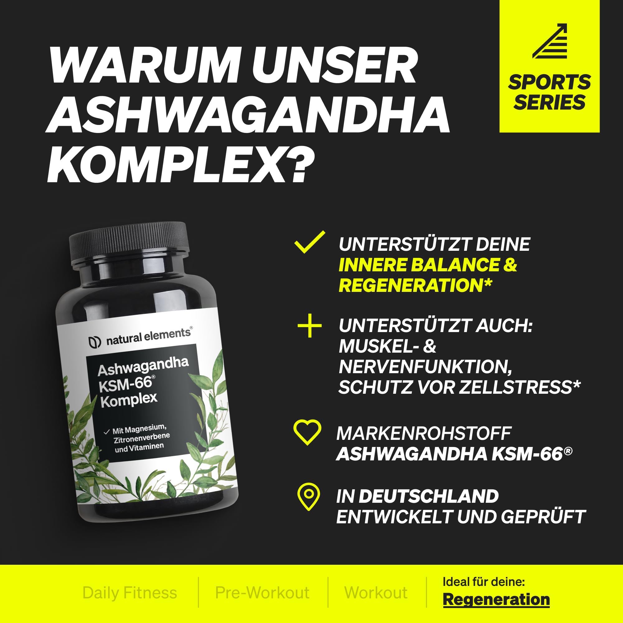 natural elements Ashwagandha Komplex – 600mg pro Tagesdosis – 120 Kapseln – mit KSM-66, Zitronenverbene, Magnesium, Folsäure und Vitamin C, B6 und B12 – hochdosiert & vegan – laborgeprüft