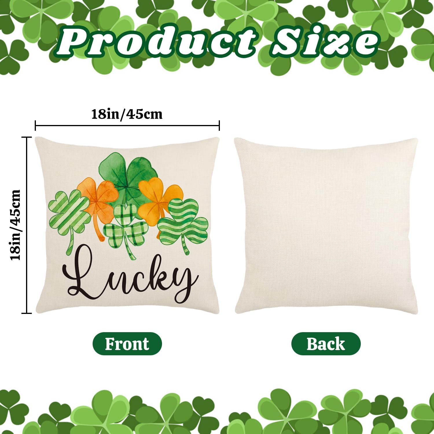 St Patrick’s Day Pillow Covers Decoration 18x18 Inch Lucky Charm Shamrock Throw Pillowcase Green Holiday Cushion Case Covers for Home Farmhouse Couch Sofa Bed Decor (Set of 4) - Image 2