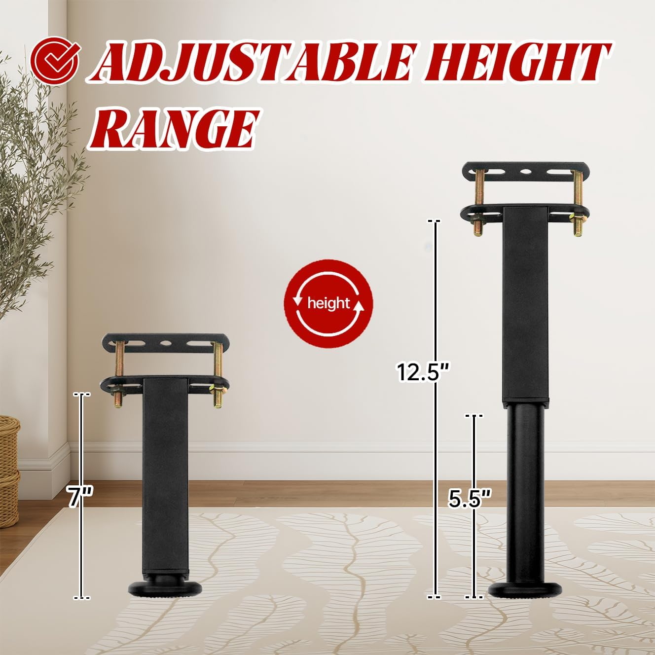 6PCS Adjustable Height Bed Support Legs, Heavy Duty Metal Bed Frame Support Legs, 7.3-12 inch Furniture Risers Replacement with Non-Slip Base for King Queen Slats, Couch, Table, Sofa