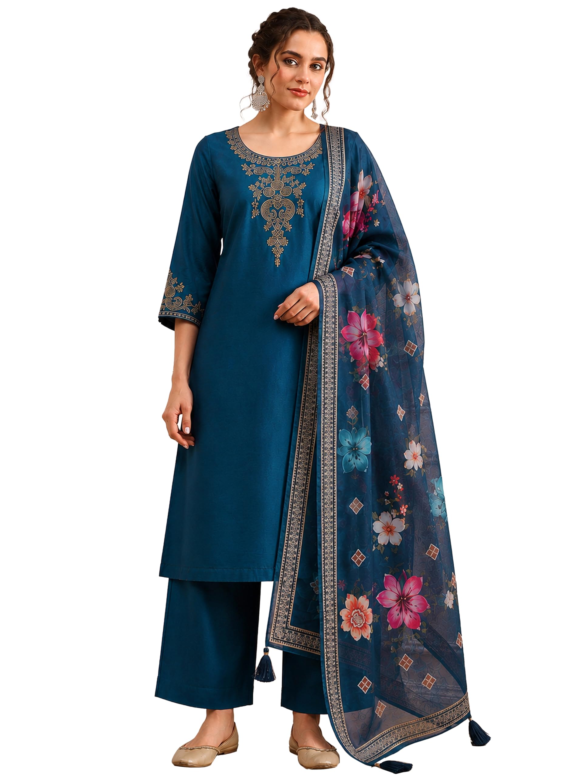 trendmalls Women's Cotton Silk Embroidery Work Designer Kurta Pant Set with Printed Dupatta-picture-18