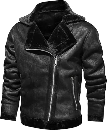 Mens Flight Sheepskin Aviator Winter Coat Military Leather Shearling Winter Jacket Fur Bomber Leather Jacket Black,Small
