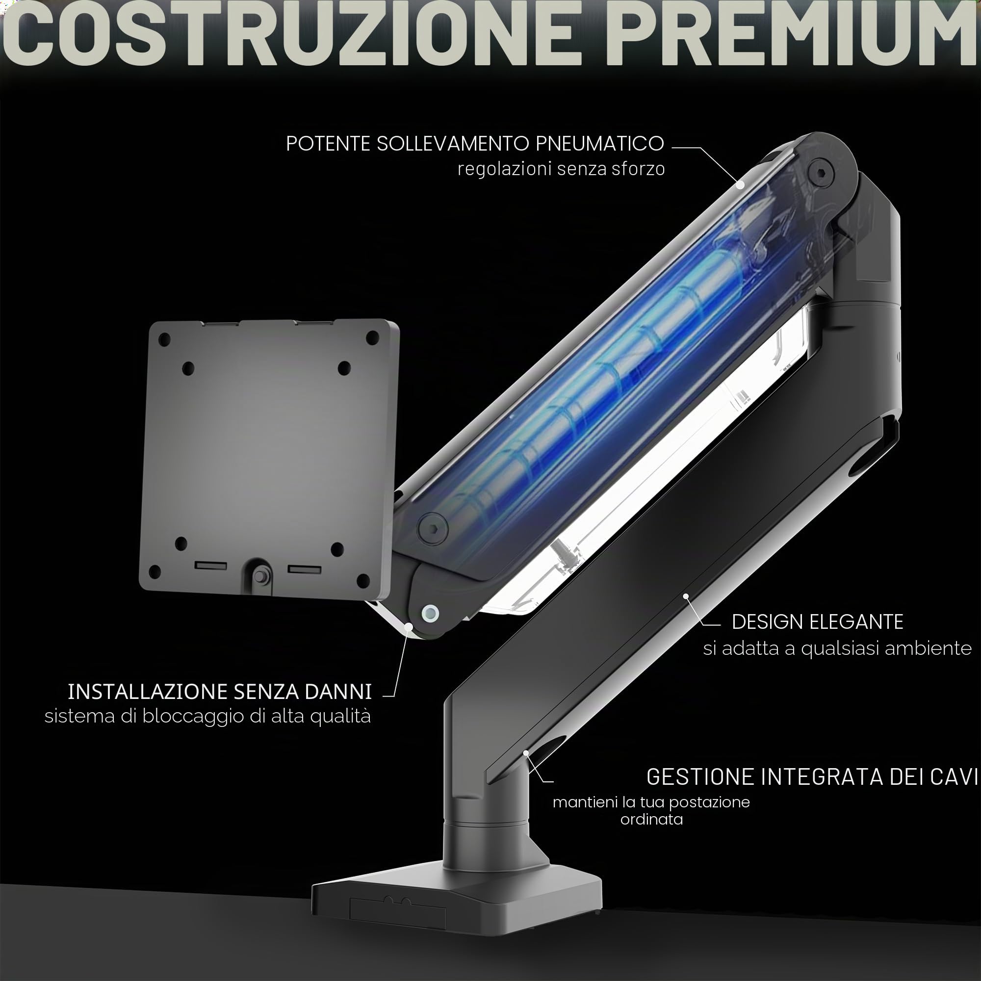 VIVO Braccio per Monitor Premium in Alluminio per Schermi Ultrawide fino a 49 Pollici e 15 kg, Supporto Singolo Robusto da Scrivania, Altezza Pneumatica, VESA Max 100x100, Nero, STAND-V101G1