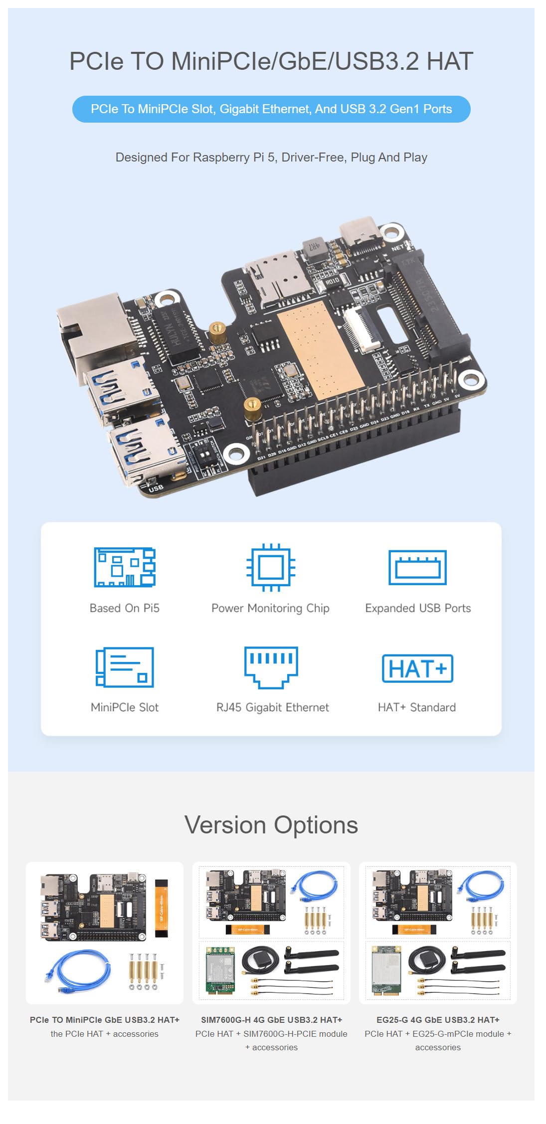Adaptateur PCIe vers MiniPCIe / RJ45 Gigabit Ethernet/USB 3.2 Gen1 Port HAT pour Raspberry Pi 5 Prise en charge de l'interface MiniPCIe 4G Module réseau haute vitesse pour Raspberry Pi 5 HAT