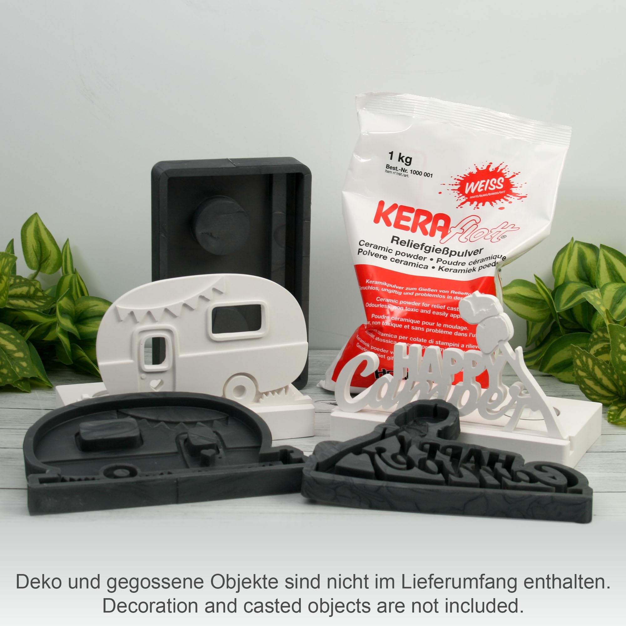 3er-Set Silikon-Formen „Campingwagen“ inkl. 1kg Keraflott Reliefgießpulver zur Herstellung handgegossener Teelichthalter und Einschiebe-Deko