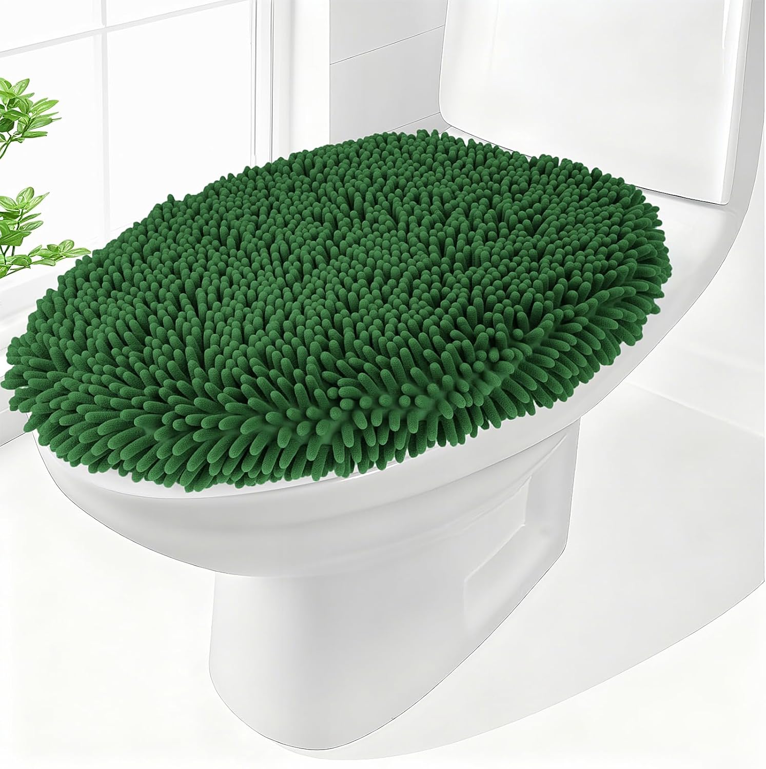 Chenille Elongated Toilet Seat Cover 19.5"x 15" Machine Washable Solid Toilet Lid Cover Adjustable Rubber Backing Fits Only 18-19.5" L x 14-16" W Elongated Toilet Seat