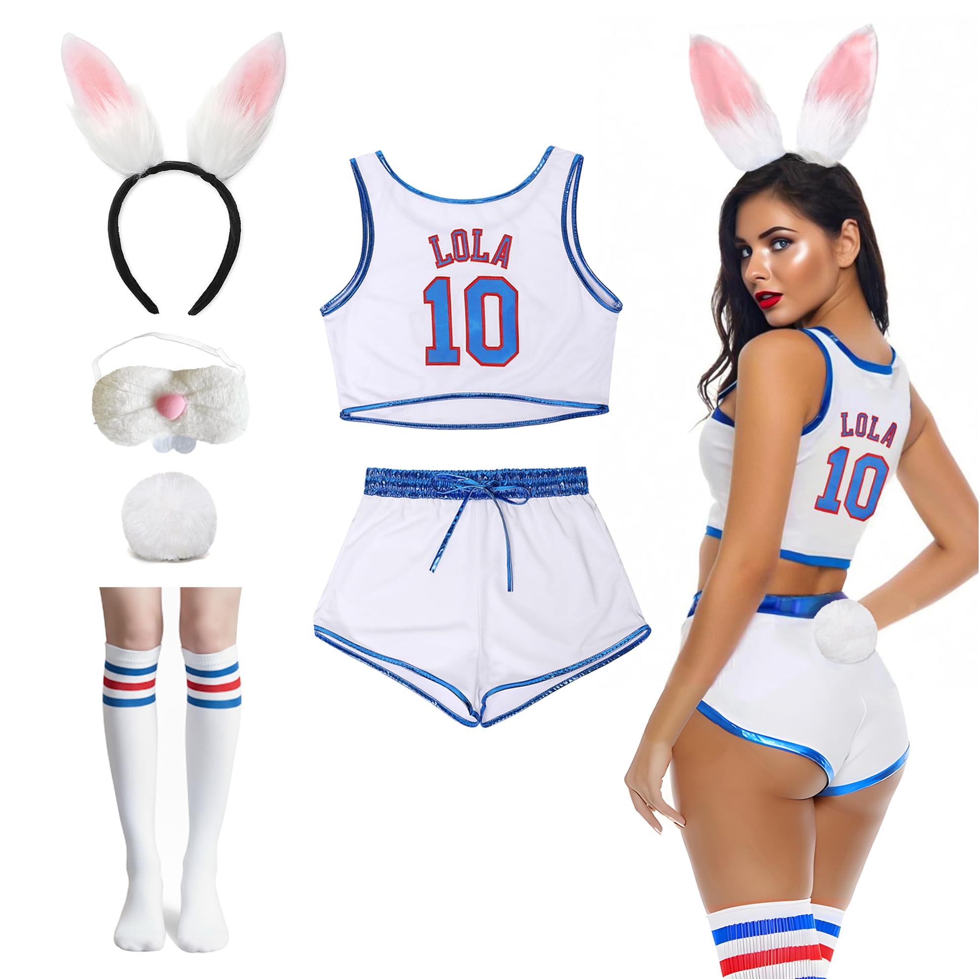 Women Lola #10 Halloween Bunny Costume Set Space Movie Jersey Outfit & Shorts with Bunny Ears Tail Socks White Medium