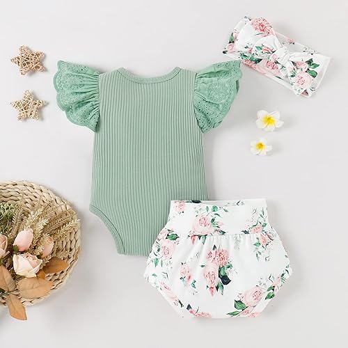 Miniatura 5 de Ropa de bebé niña, mameluco de encaje con volantes de verano para recién nacido + pantalones cortos florales, 3 piezas, sesión de fotos para niños