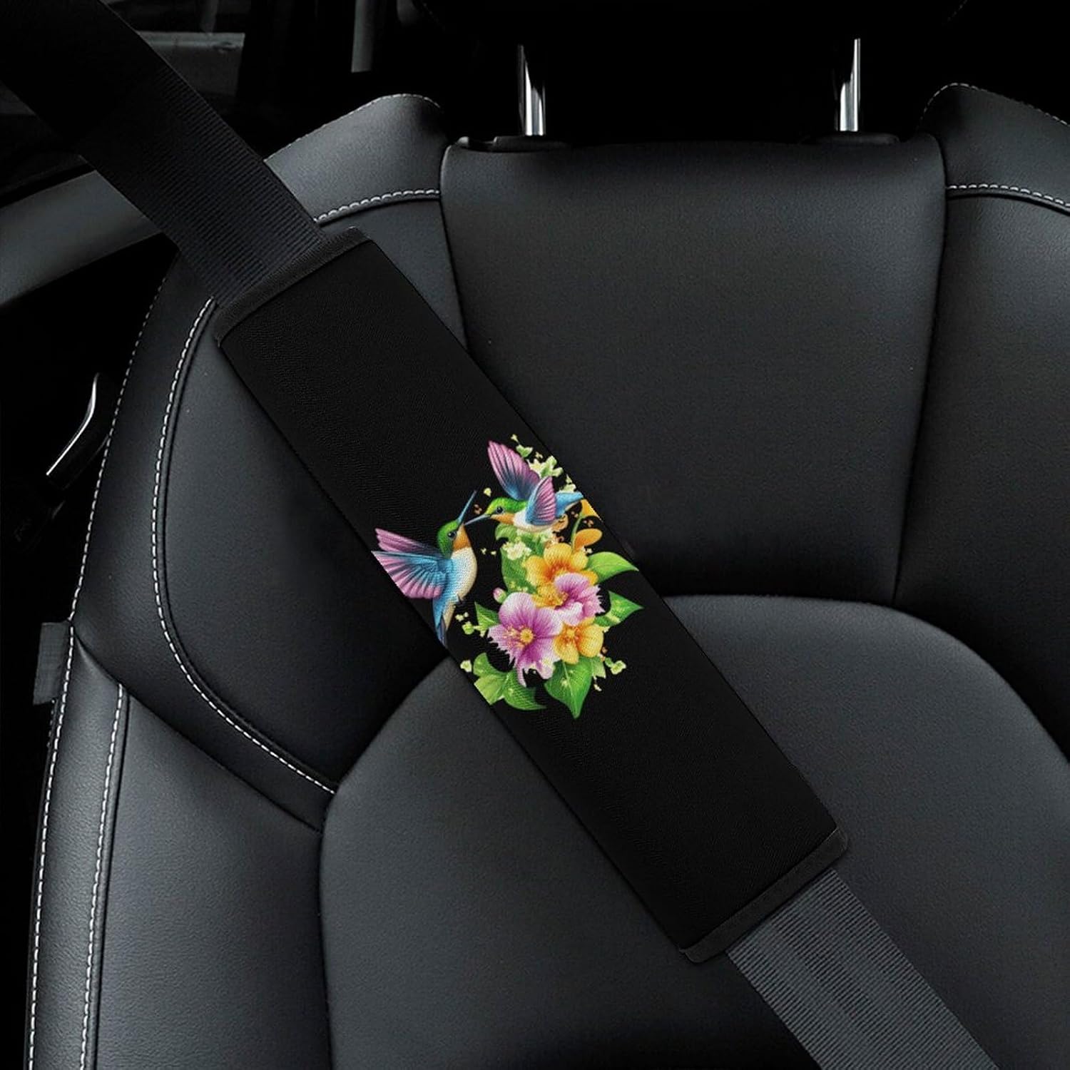 Hummingbirds Flowers Print Car Seat Strap Covers Soft Seat Strap Shoulder Pads Seatbelt Covers for All Car Seats 2PCS