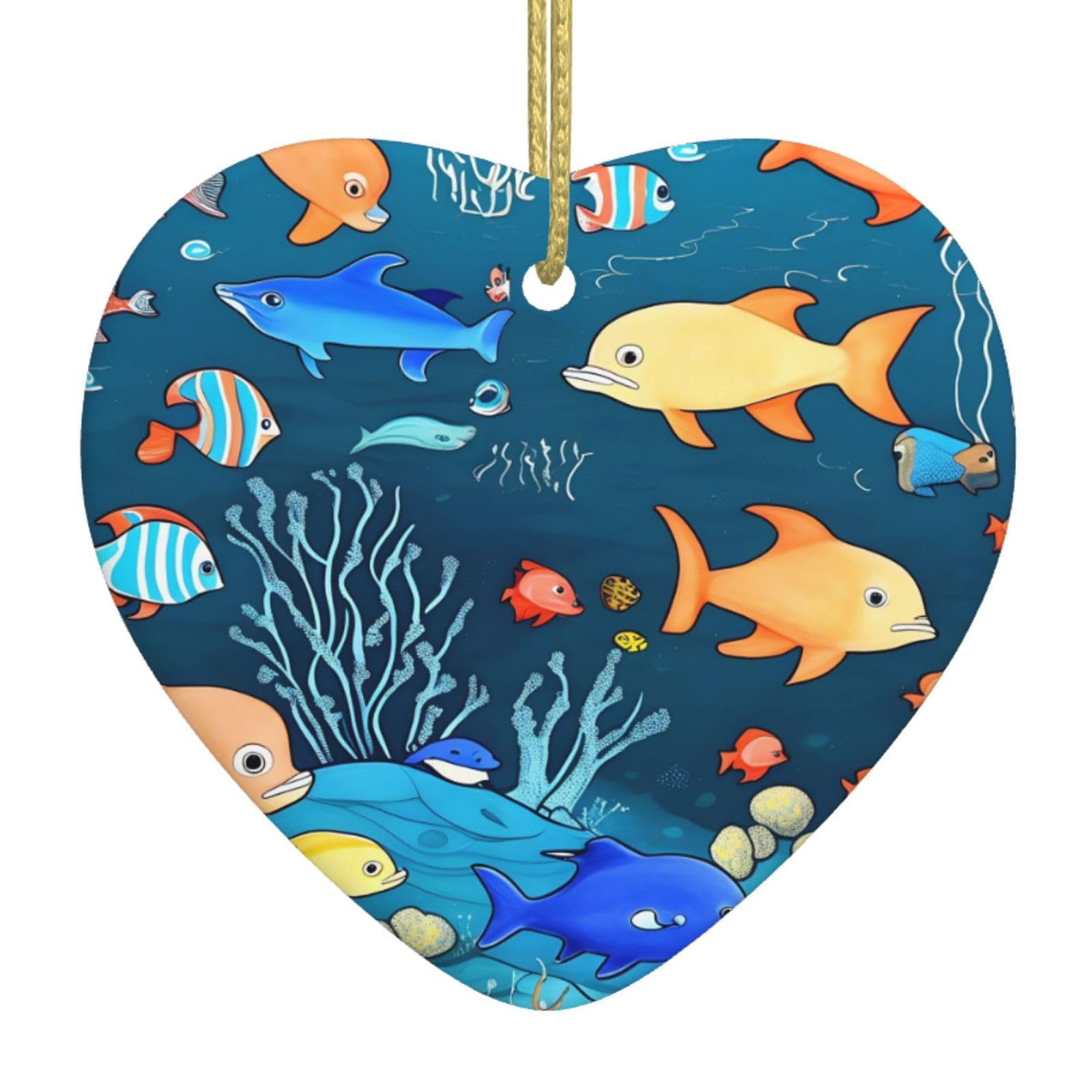 Blue Underwater World of Fish Ceramic Christmas Heart Pendant with Silk Thread, Christmas Tree Home Decoration