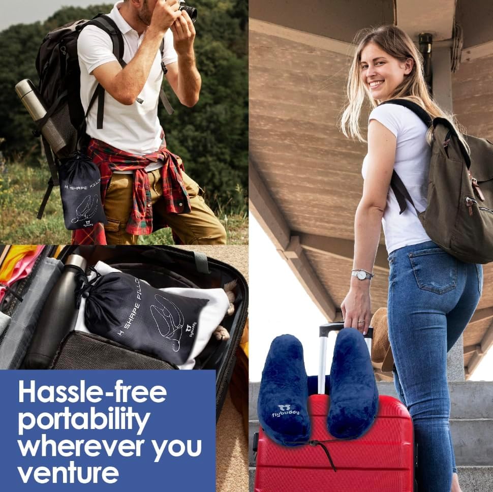 Miniatura 5 de Almohada inflable para el cuello para viajar, almohada de cuello de tortuga para viajes en avión con bolsa de viaje y capucha - Almohada de cuello