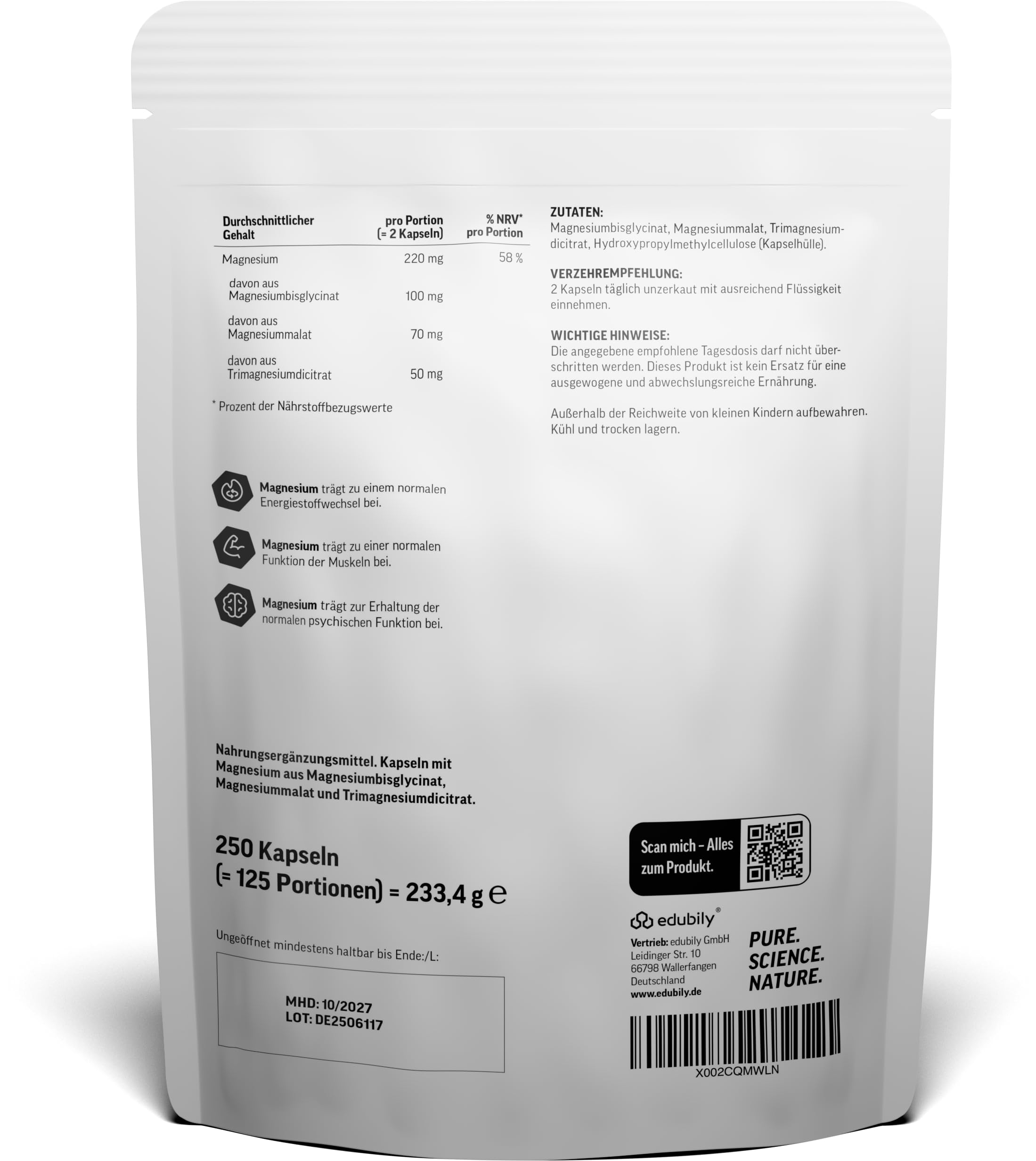 edubily® Magnesium Komplex Kapseln - Magnesiummischung aus Magnesiumbisglycinat, Magnesiummalat und Magnesiumcitrat - Ohne Magnesiumstearat - (250 Kapseln - Neue Rezeptur)