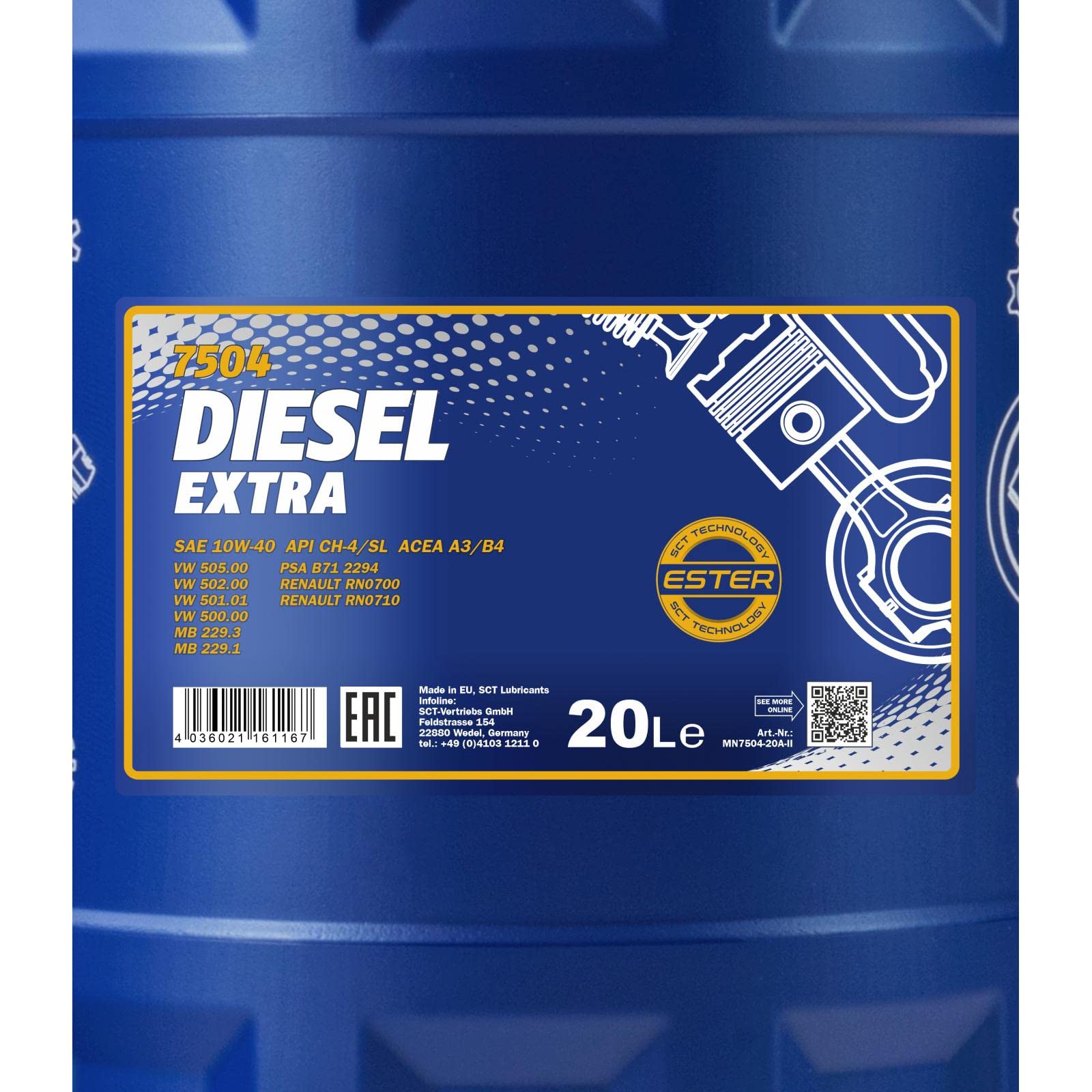 MANNOL Olio motore DIESEL EXTRA 10W-40 Olio parzialmente sintetico olio 20 L Compatibilità con RENAULT Clio 3 Hatchback BR0/1, CR0/1 Clio 2 BB0/1/2, CB0/1/2 Clio 4 Hatchback BH, VW Golf 4 Hatchback