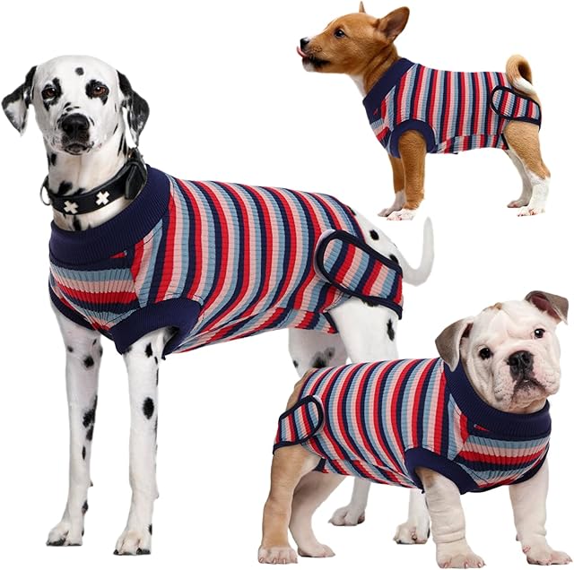 Kuoser Dog Surgery Recovery Suit for Male/Female, Striped Pet Surgical Shirt Dogs Cats Protective Vest for Abdominal Wound/Skin Disease, Substitute E-Collar & Cone, Puppy Prevent Licking Onesie
