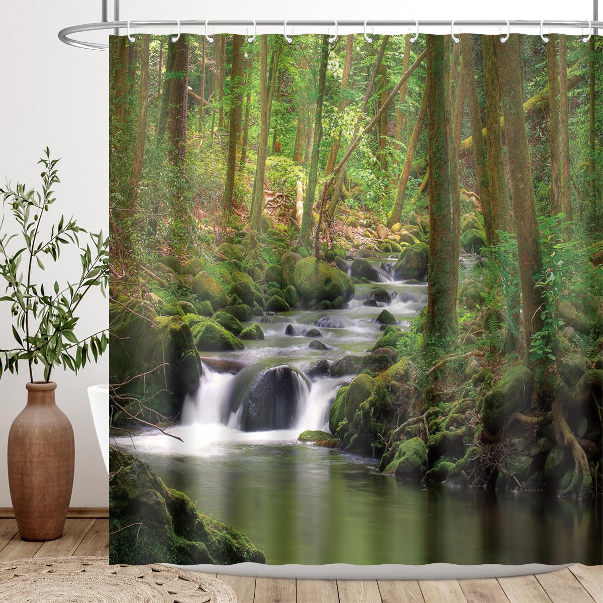 BIYSUC Stream Shower Curtain Waterfall Nature Green Jungle Tree Plant Mossy Rocks Scenery Landscape River Jungle Bathroom Decor Waterproof Polyester Fabric 72Lx72W Inch with Hooks