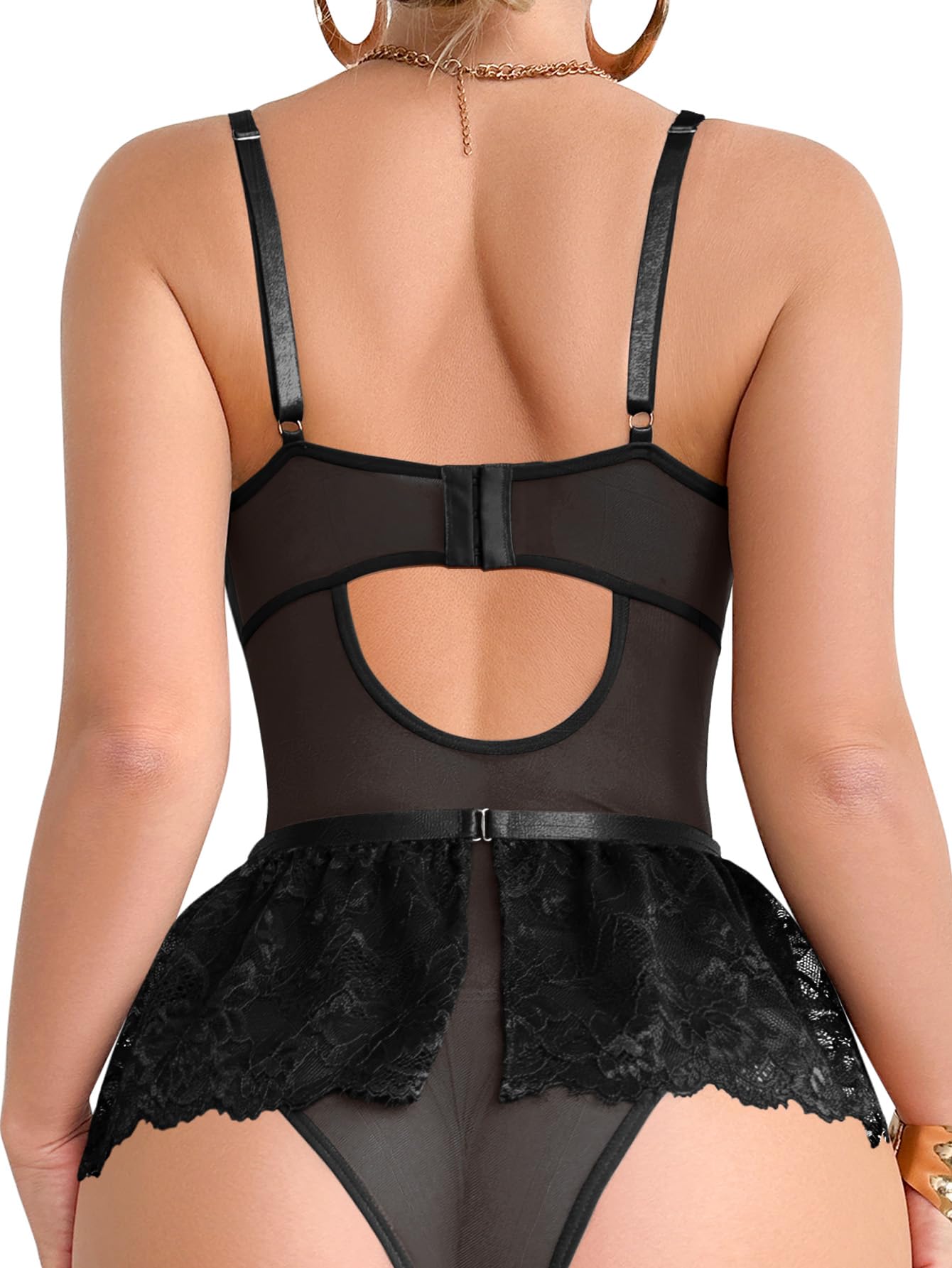 Condition photo showing Brand New for foxiny sexy stocking underwire push up rhinestones heart floral lace mesh sheer garter bodysuit skirt lingerie set 3 piece
