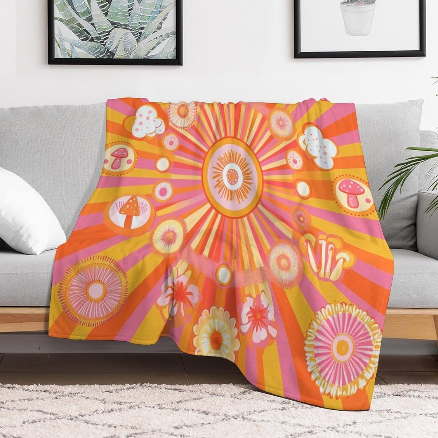 Retro 70s Floral Flannel Blanket,Cartoon Watercolor Hippie Style Flower Mid Century Pattern Soft Warm Lightweight Throw Blanket Bedding Sofa Decor,